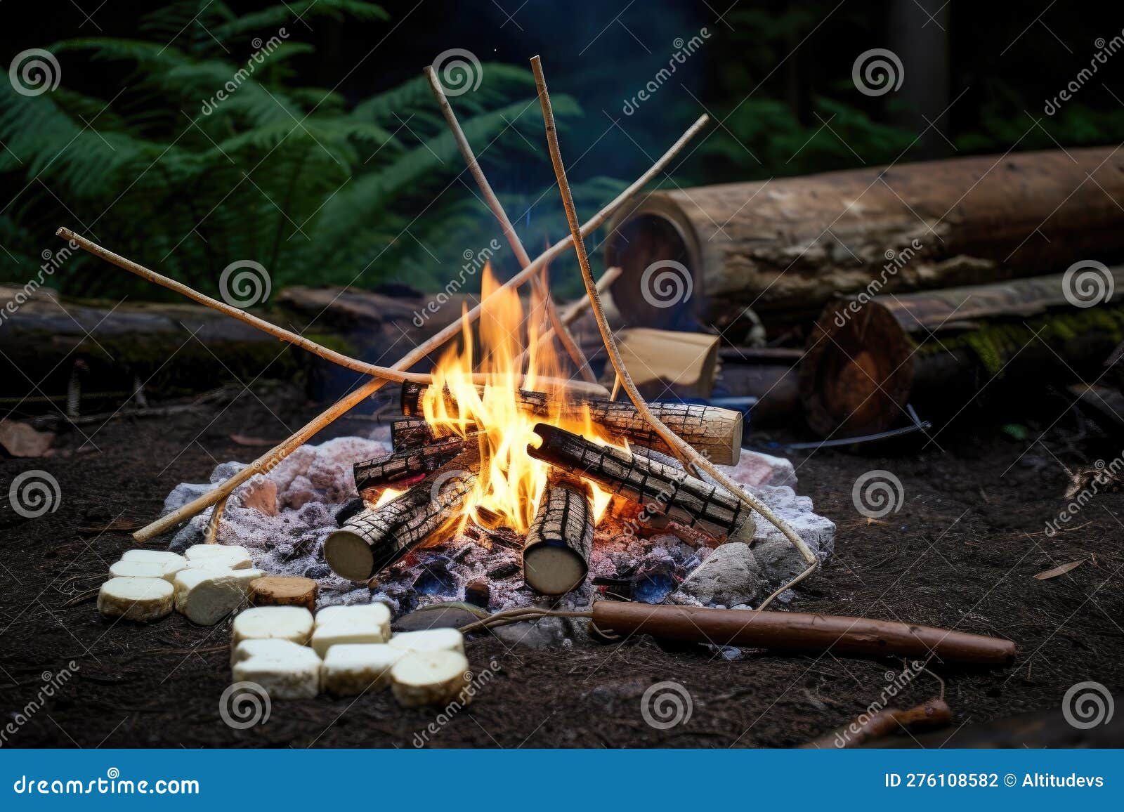 Campfire with Marshmallows, Sticks, and Graham Crackers in View Stock ...