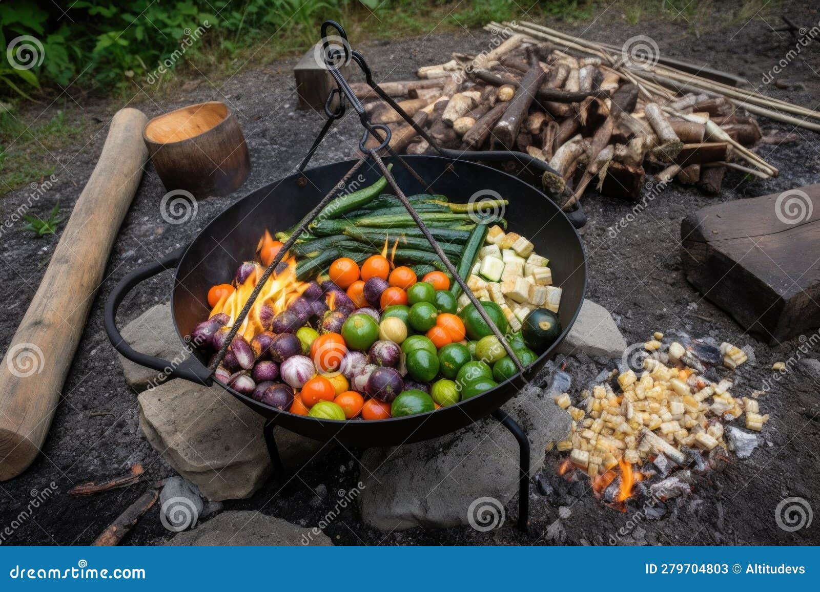 Campfire Pit with Castiron Skillet, Kabob Sticks, and Assortment of