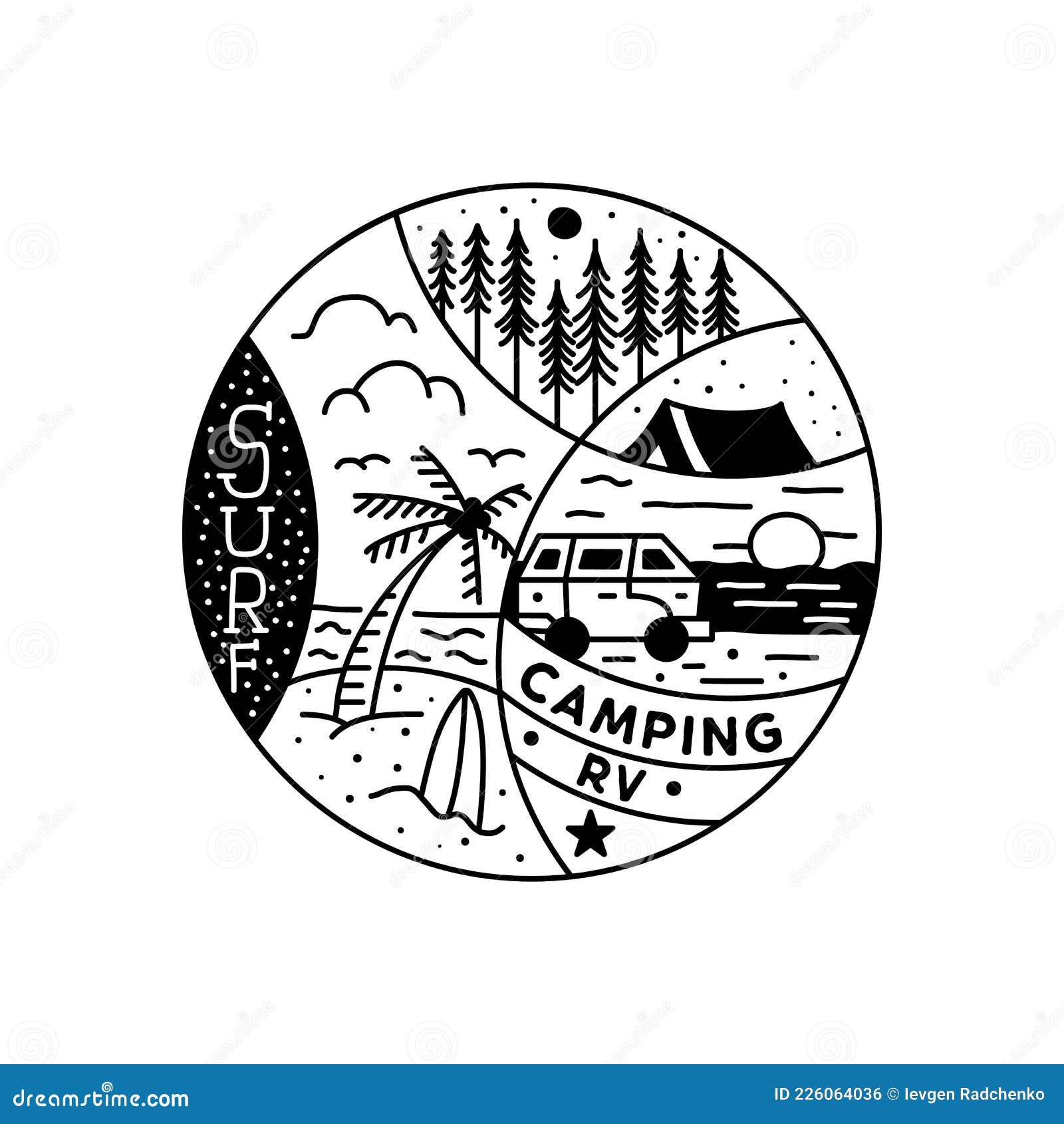 Camping Adventure Tattoo Design. Summer Surf Crest Logo with Beach and  Hiking Scene Stock Illustration - Illustration of hipster, emblem: 226064036