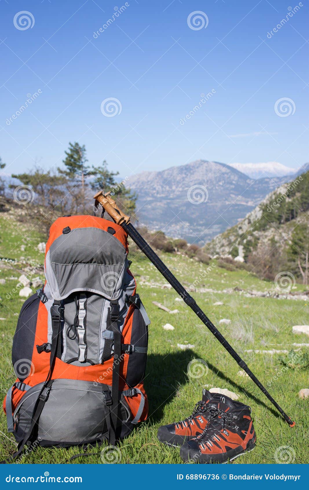 Camping with Backpack in the Mountain. Stock Photo Image of male