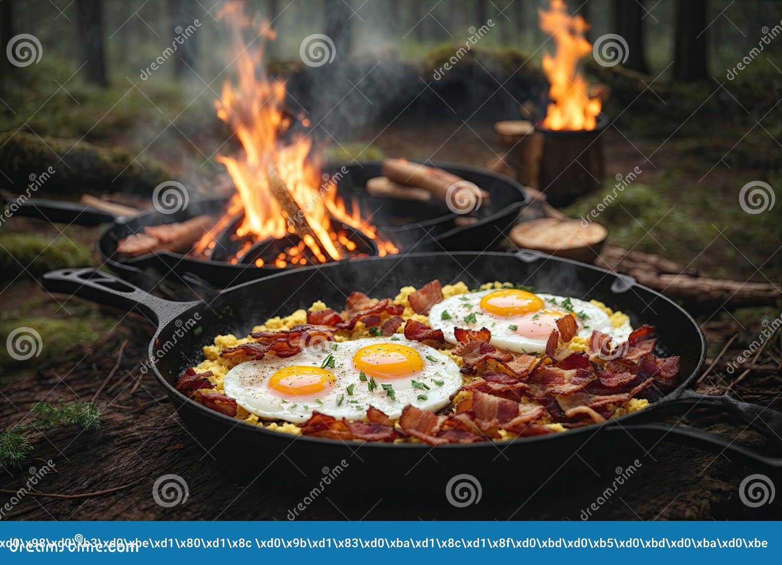 Camping Breakfast with Bacon and Eggs in a Cast Iron. Ai Generative