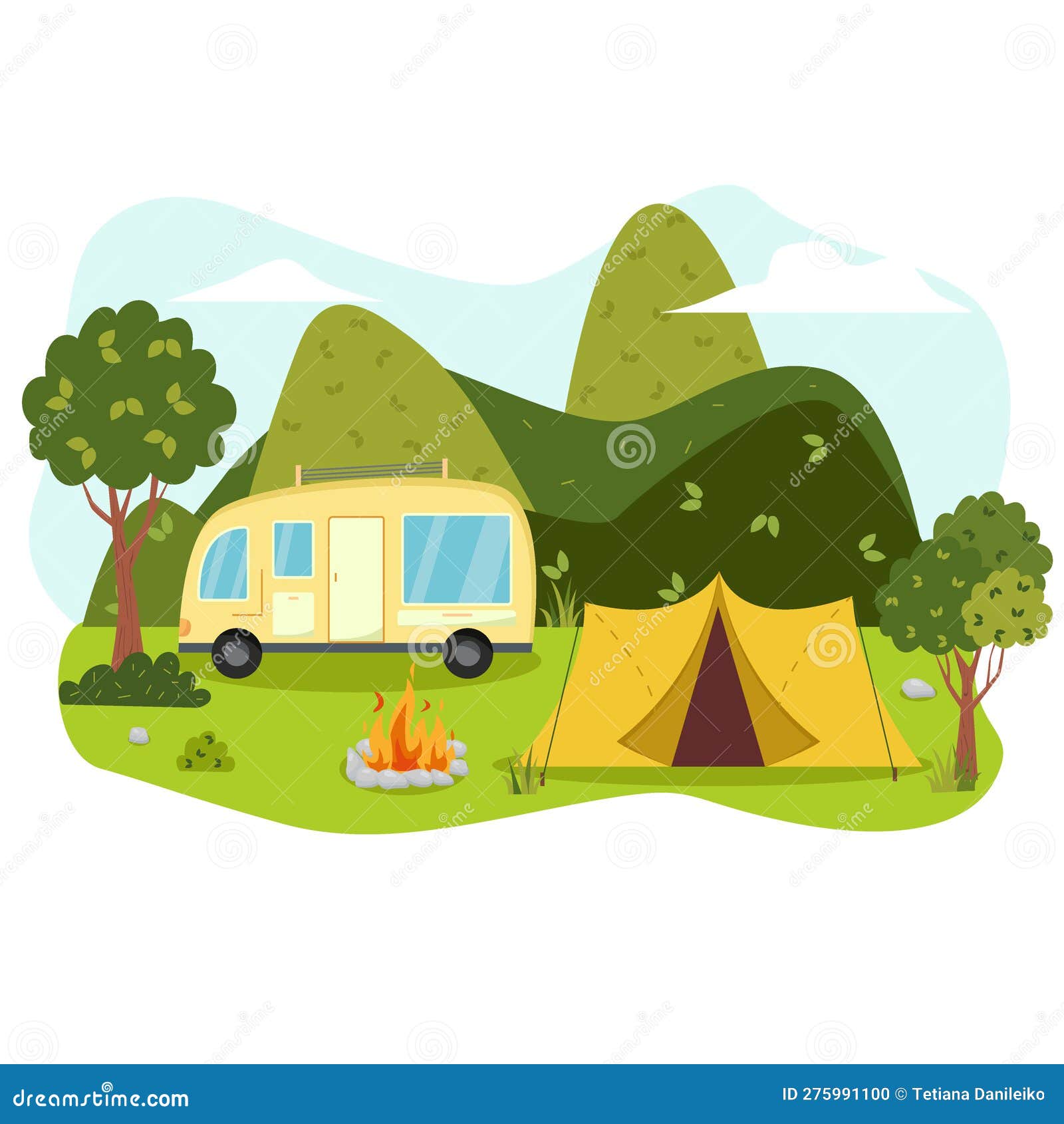 Camping Concept Art. Flat Style Illustration of Beautiful Landscape ...