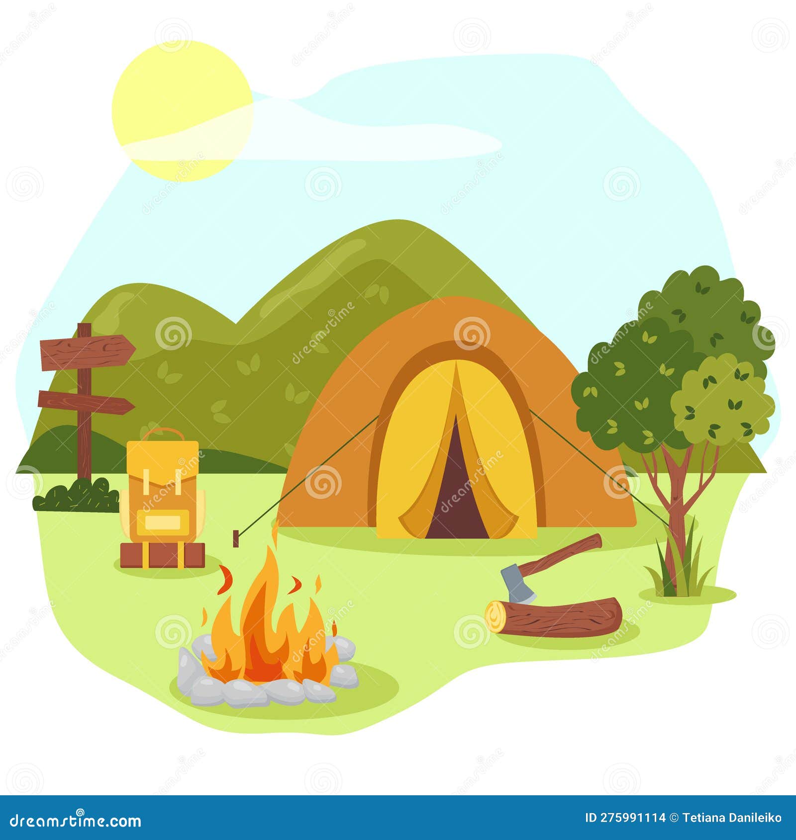 Camping Concept Art. Flat Style Illustration of Beautiful Landscape ...