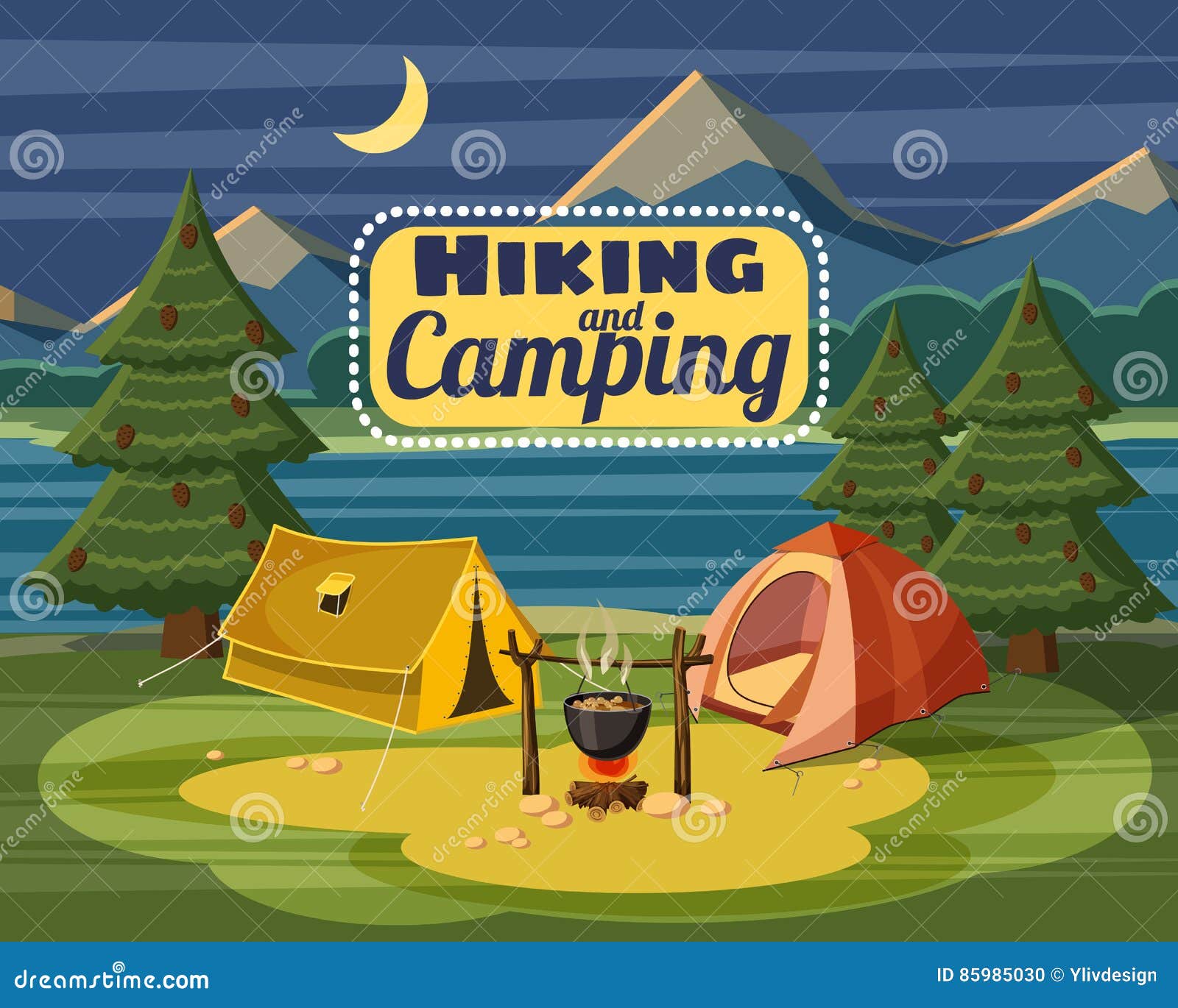 Camping Concept, Cartoon Style Stock Vector - Illustration of outdoor ...