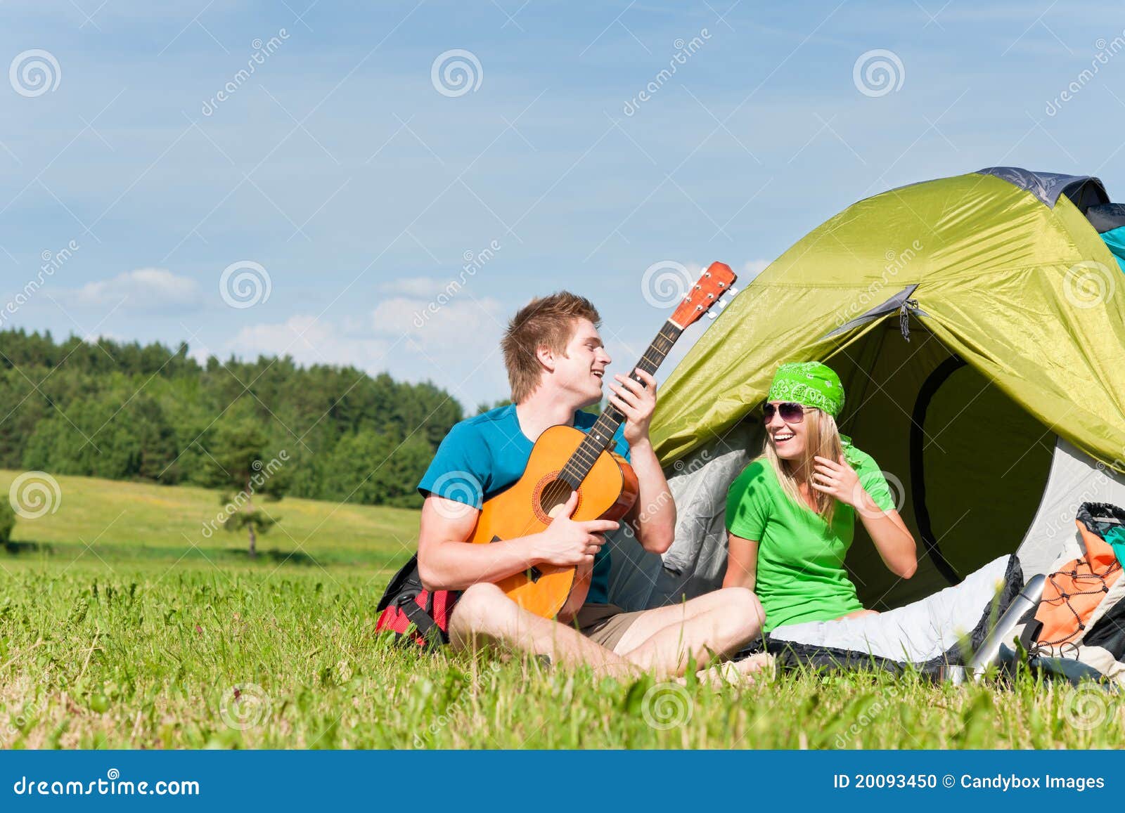 Camping Couple Playing Guitar by Tent Countryside Stock Photo Image
