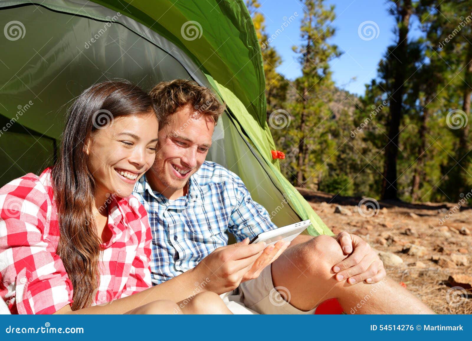 Camping Couple In Tent Using Smartphone Stock Photo Image 54