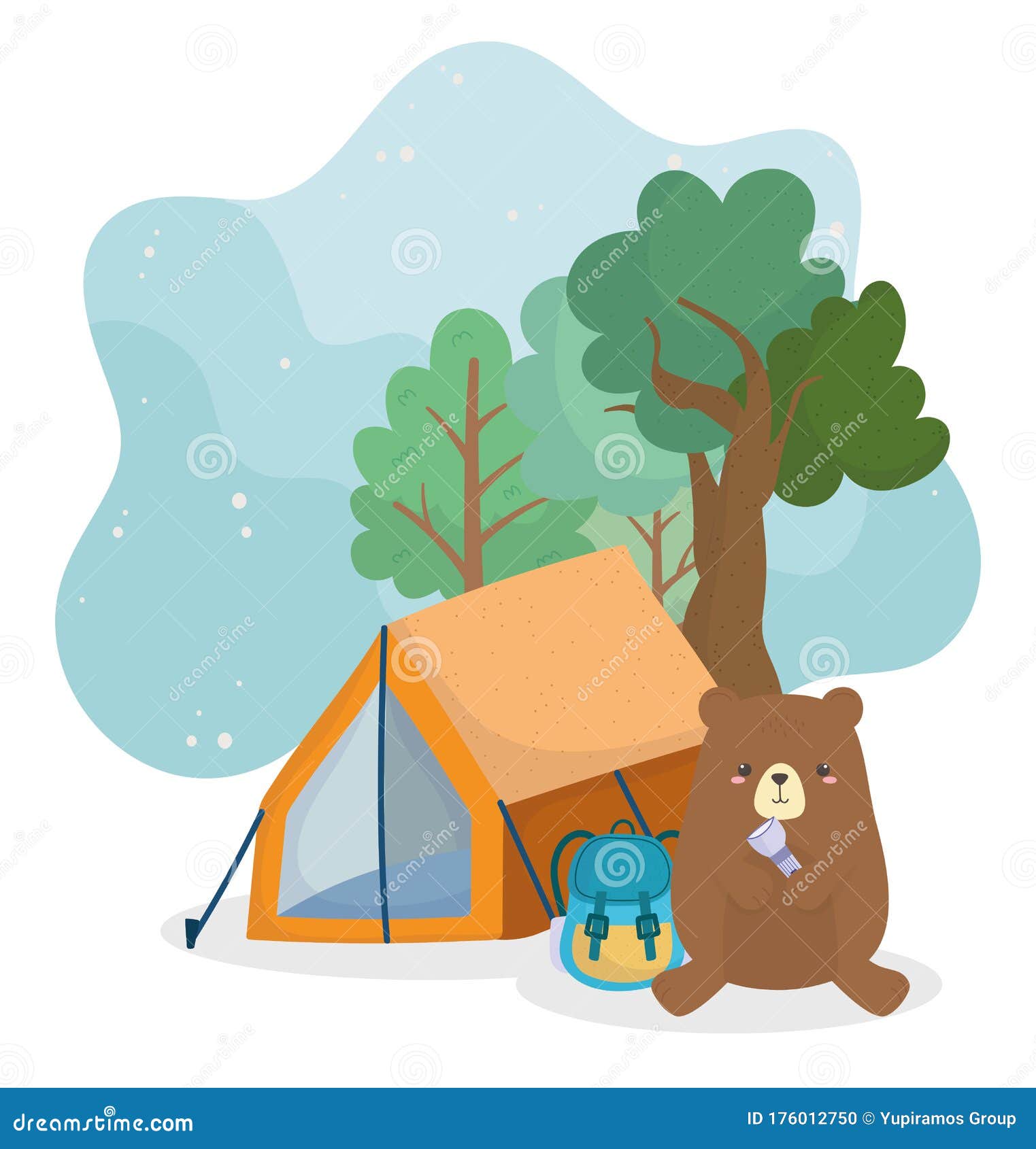Camping Cute Bear with Backpack Lantern Tent Trees Forest Stock Vector