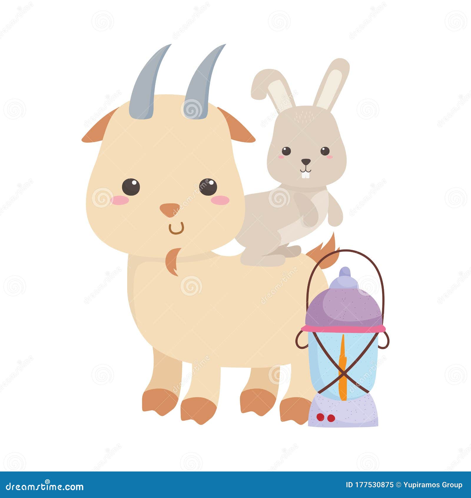Camping Cute Goat and Rabbit with Lantern Cartoon Stock Vector