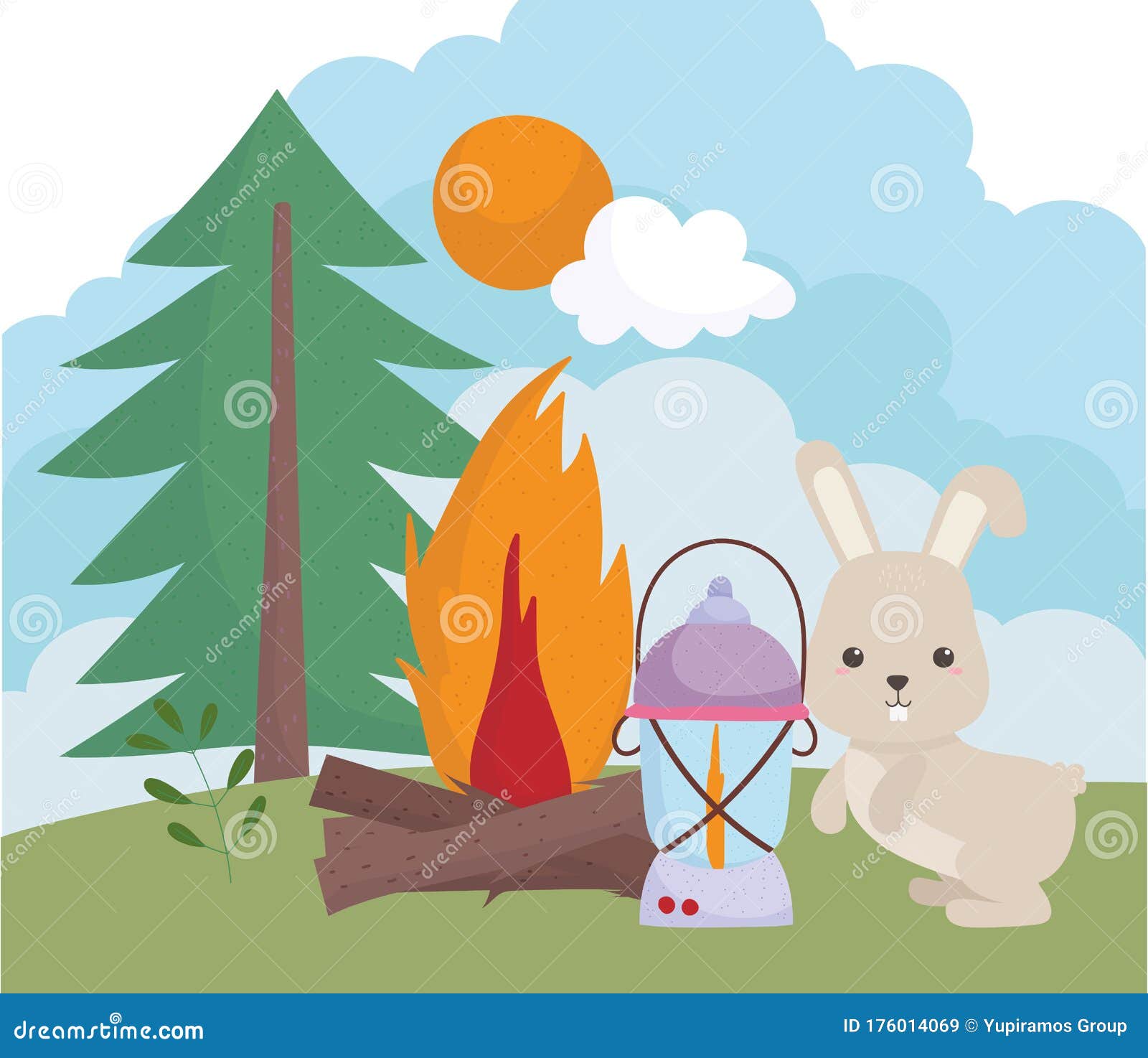 Camping Cute Rabbit Lantern Bonfire Tree Sun Clouds Cartoon Stock Vector Illustration of hare