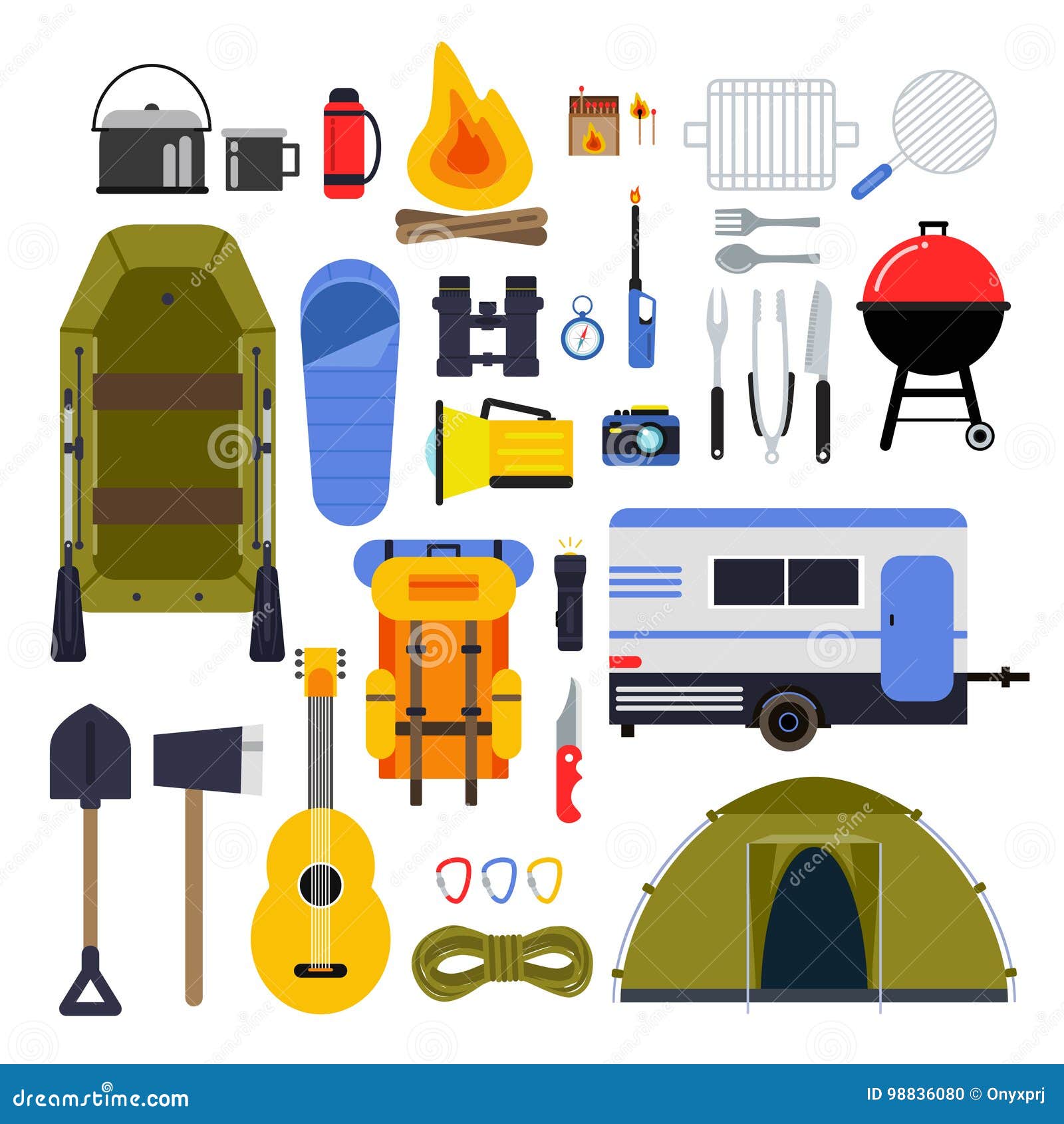 Camping Equipment for Travel. Hiking Accessories Vector Icon Set in Flat  Style Stock Vector - Illustration of compass, flashlight: 98836080