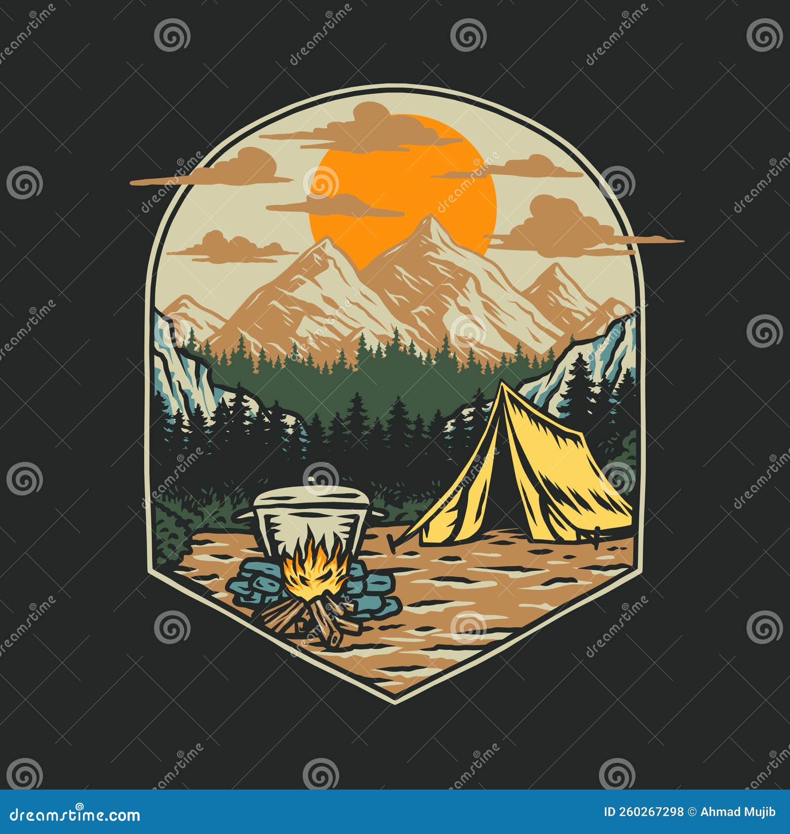 camping in a forest, hand drawn line style with digital color