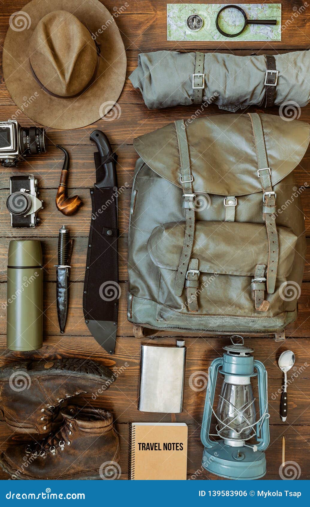 Camping Gear Including Knife, Clothes, Boots, Lantern, Camera, Hat