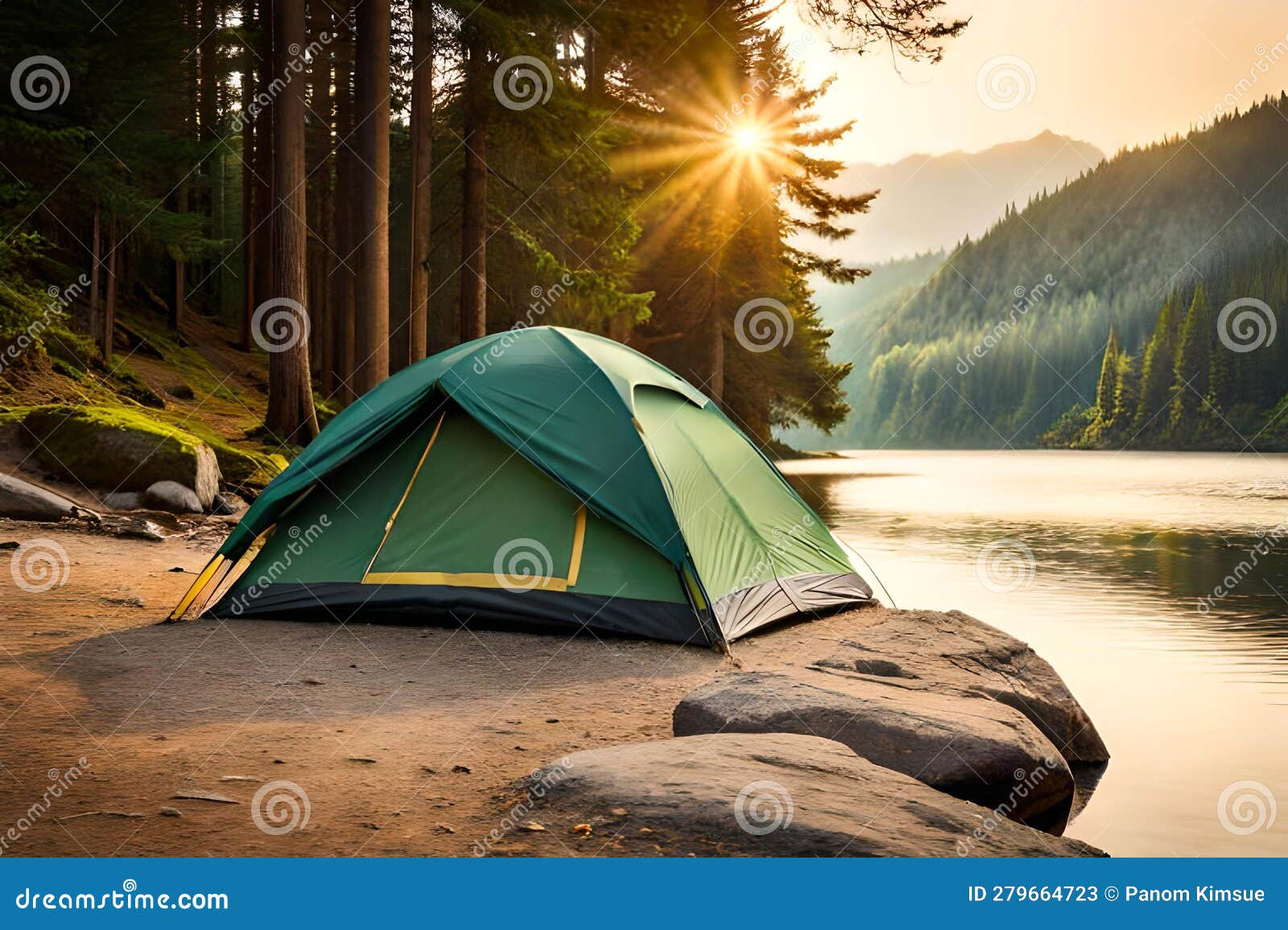 Camping Green Tent in Forest Near Lake Stock Image Image of mountain