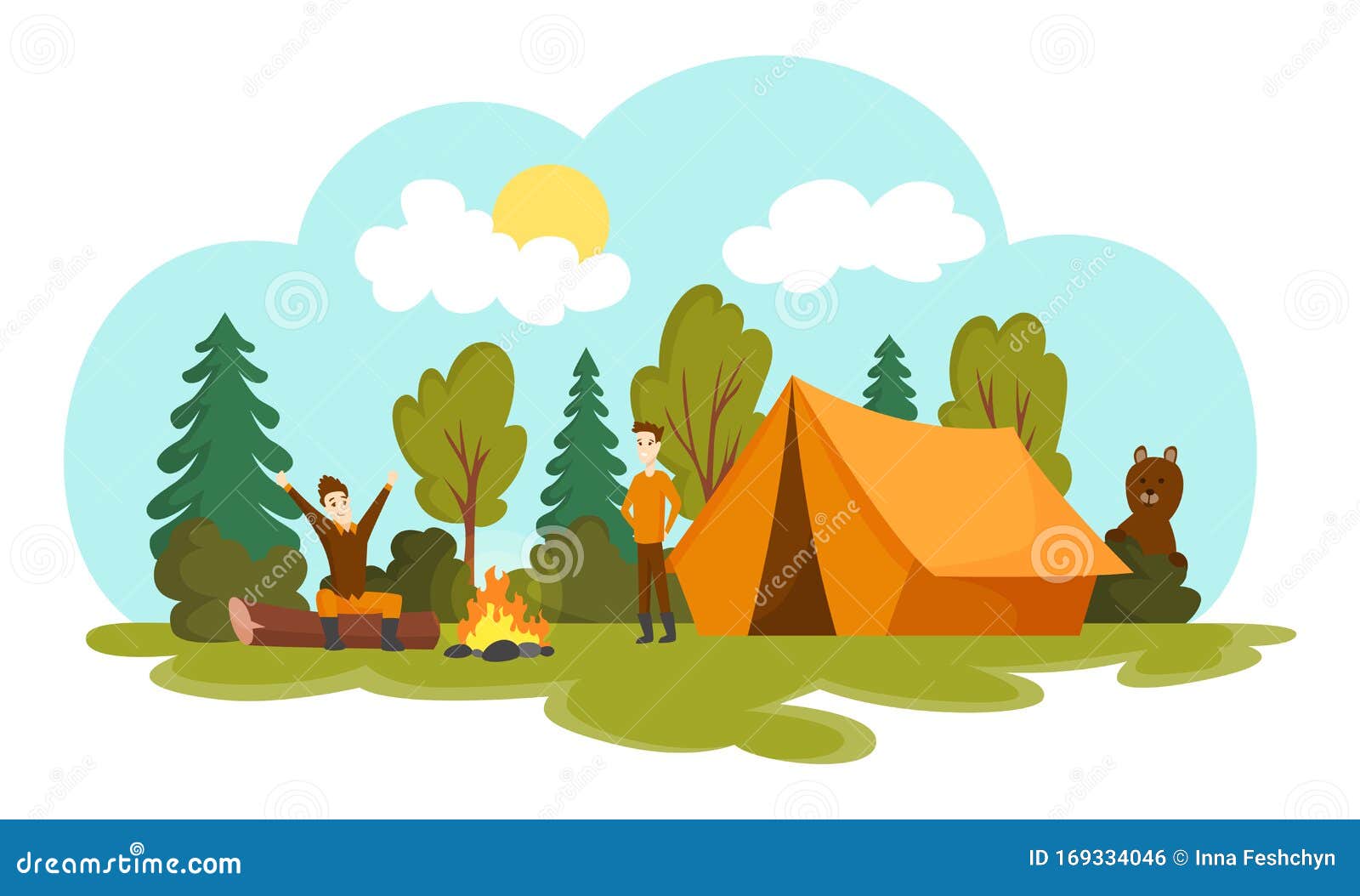 Camping Illustration With Summer Forest Cartoon Style. Men ...
