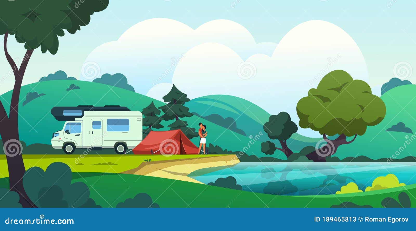 Camping Landscape. Cartoon Countryside with Forest Lake and Camp ...