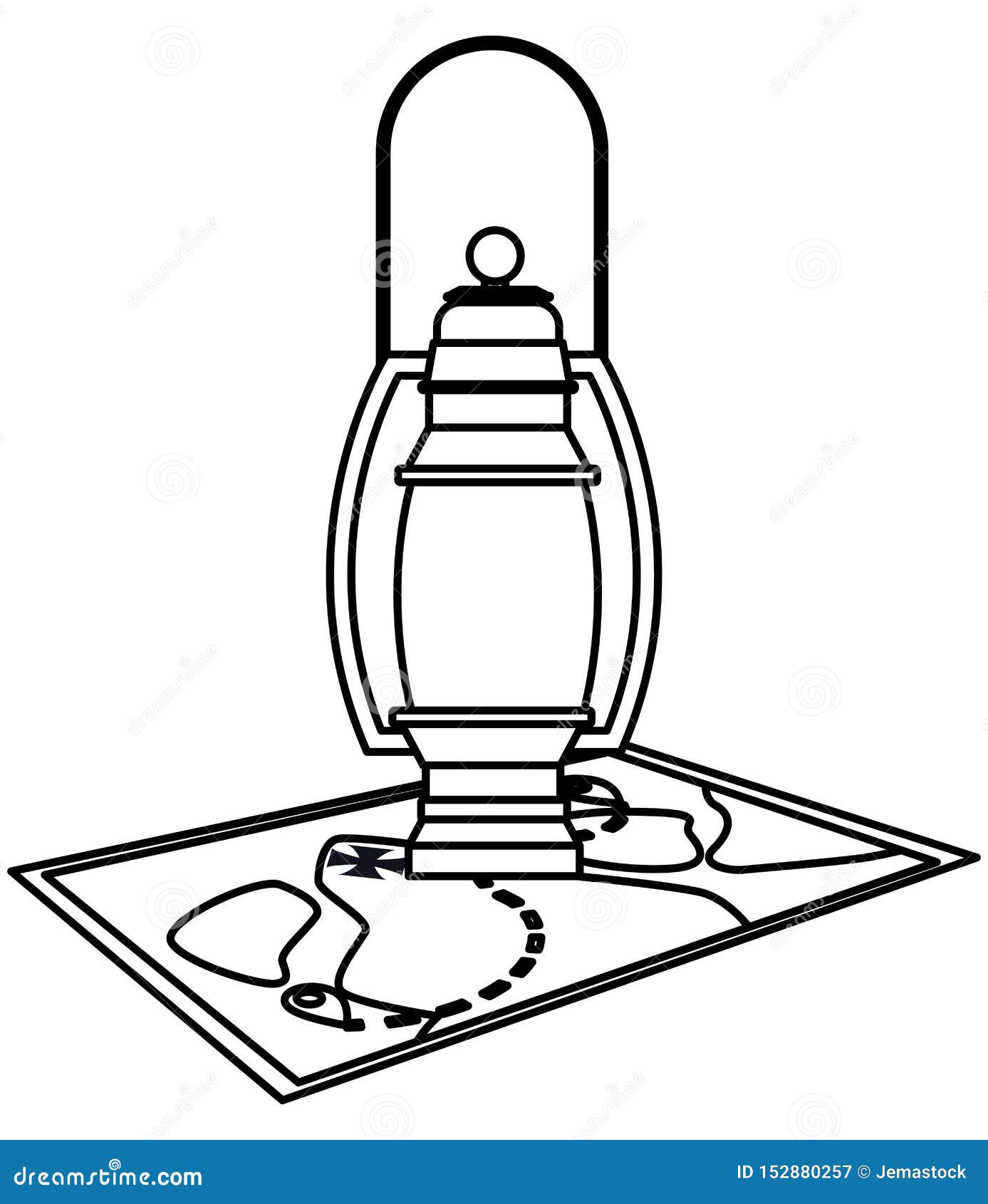 Camping Lantern on Adventure Map in Black and White Stock Vector
