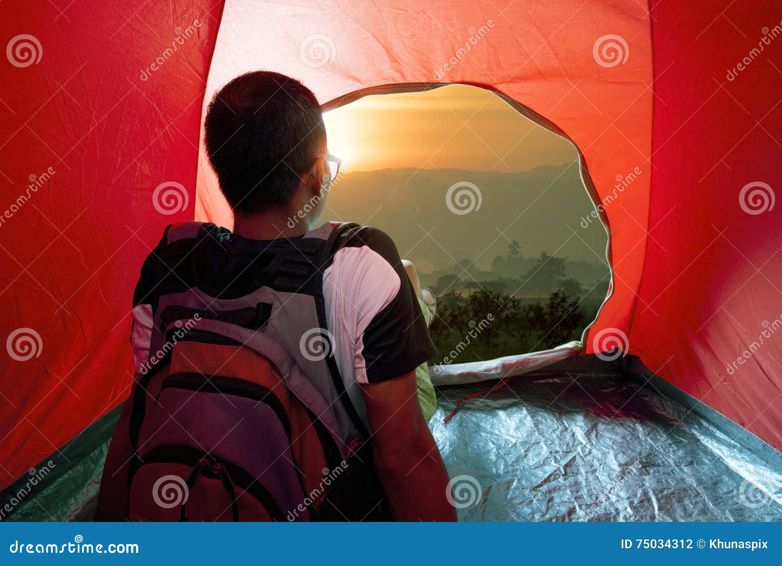 Camping Man in Tent and Sun Rising Sky Stock Photo Image of hiking