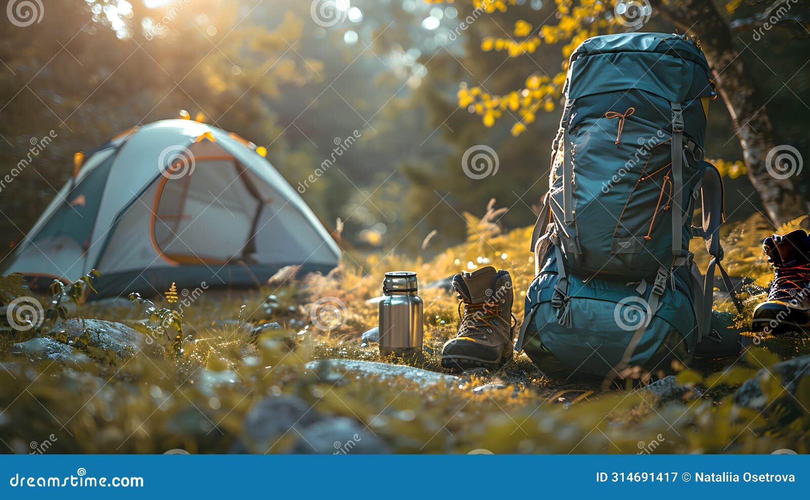 camping in the mountains, tent, backpack and water bottle. oneness with nature