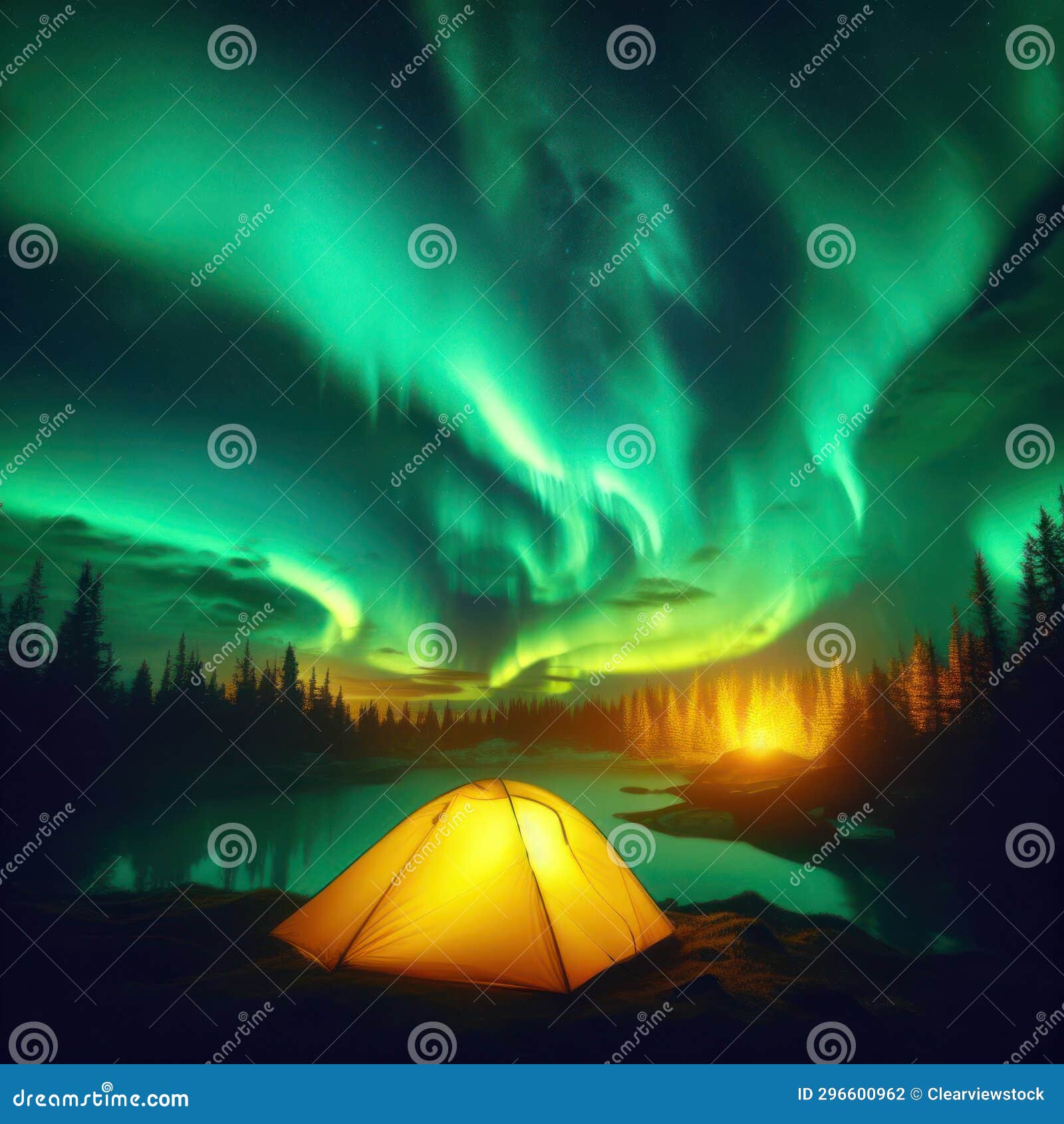 Camping at Night Under the Northern Lights Aurora Borealis Stock