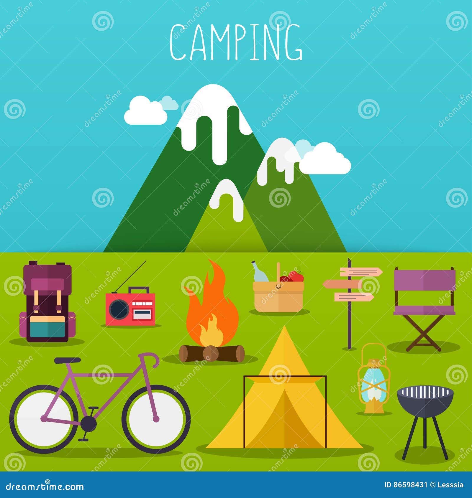 Camping and Outdoor Recreation Concept with Flat Camping Travel Stock ...