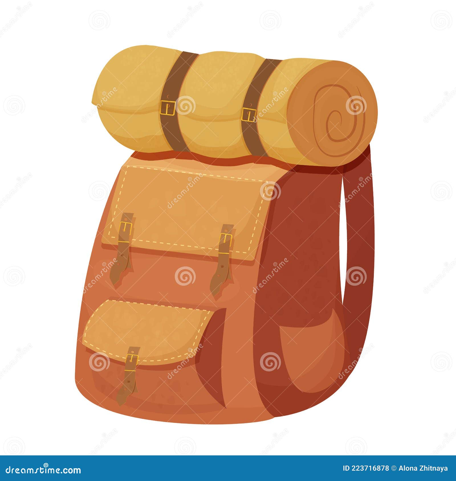 Camping Rucksack Rucksack Mit Schlafsack Im Cartoon-Stil Isoliert Auf  Weißem Hintergrund. Tasche Für Die Rückwirkung Vektor Abbildung -  Illustration von reise, lagerfeuer: 223716878