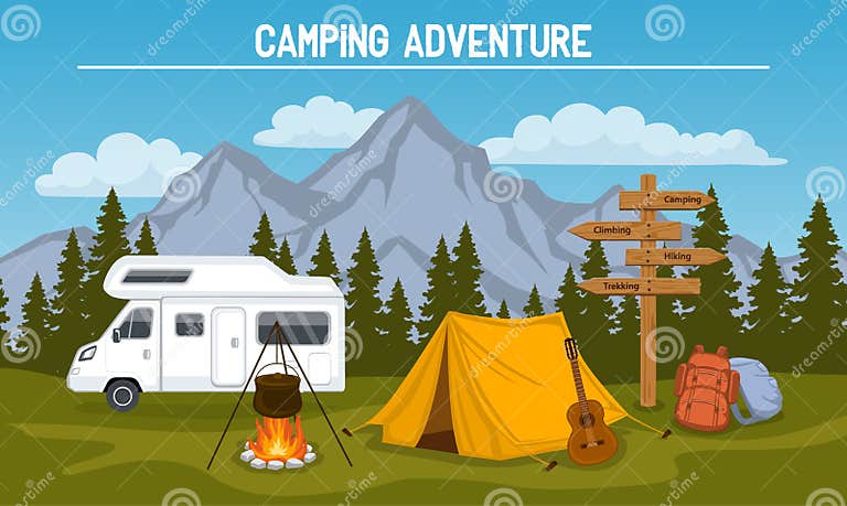 Camping Site Scene stock vector. Illustration of cloud - 78863163