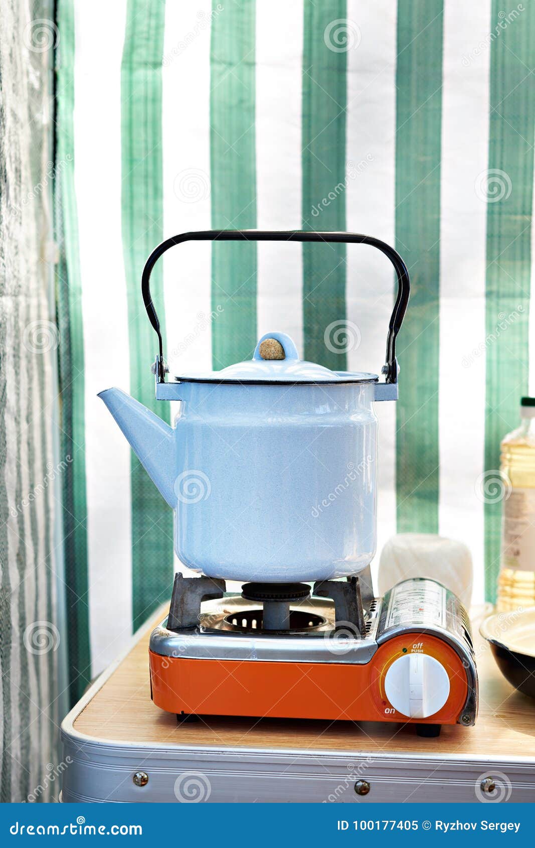 Camping Stove with Kettle on Table Stock Image Image of dishes, drink