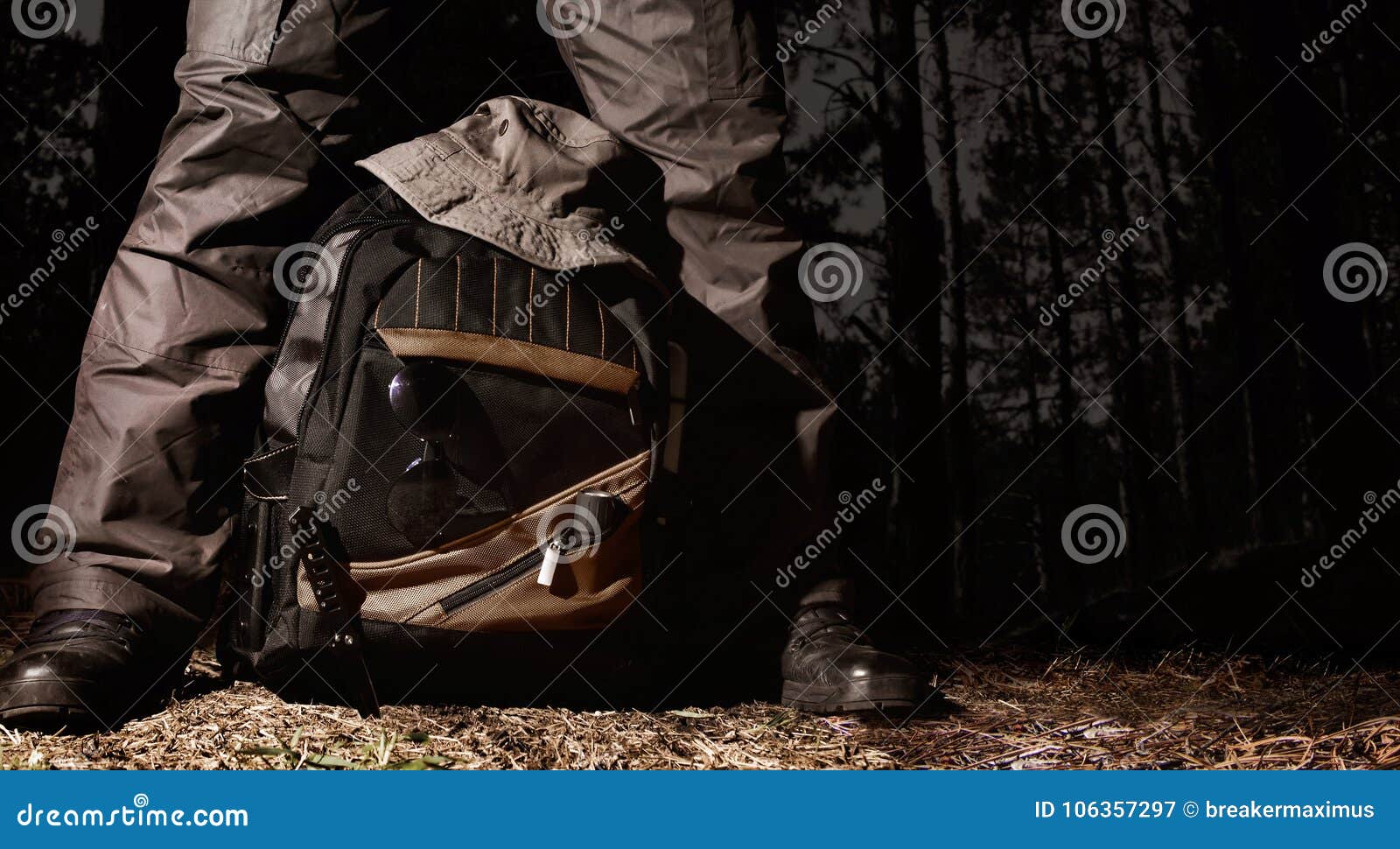 Camping Tactical Gear in Night Woods. Stock Image - Image of wilderness,  scenery: 106357297