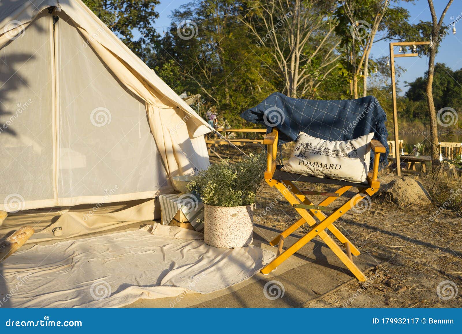 Camping Tent and Picnic Table in the Mountains. Stock Image - Image of