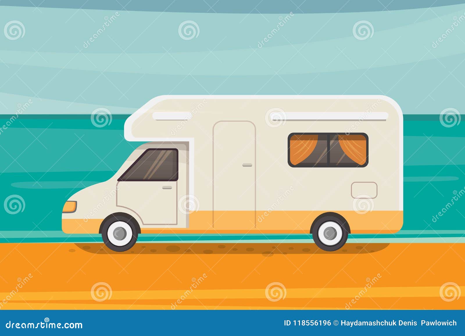 Camping on tropical beach. Summer travel, camper trailer vector illustration.
