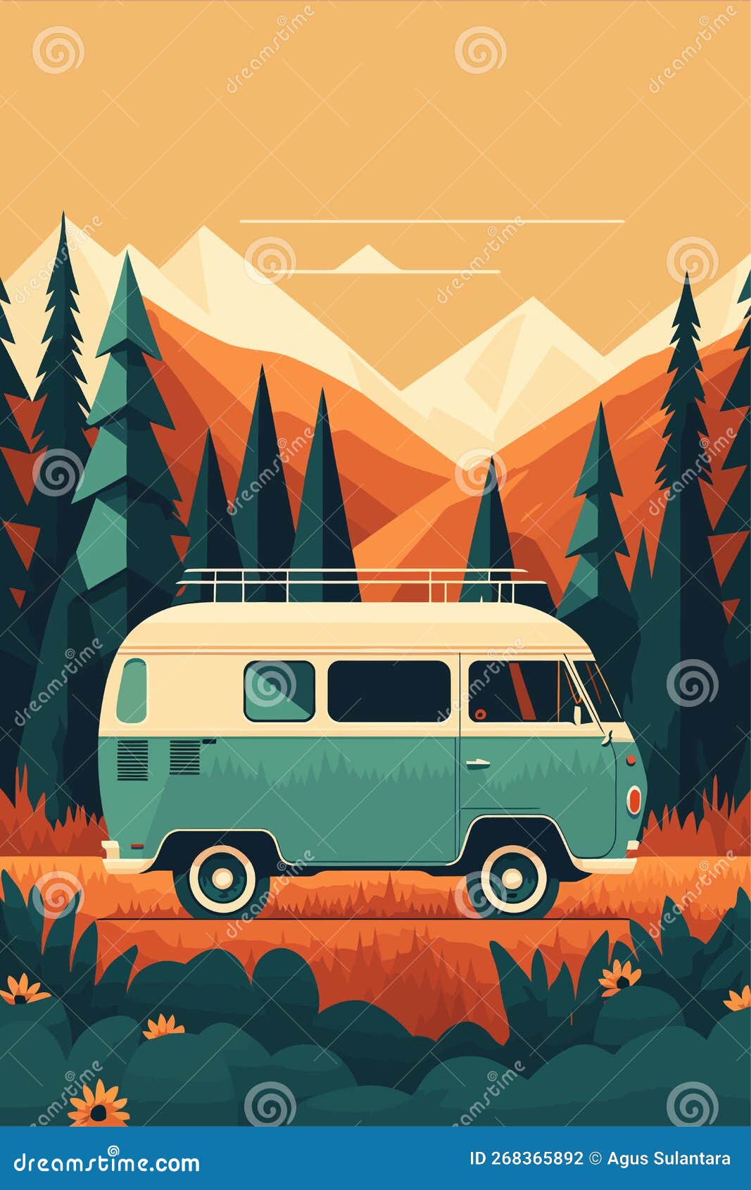 Camping Van in the Mountains. Vector Illustration in Flat Style Stock ...