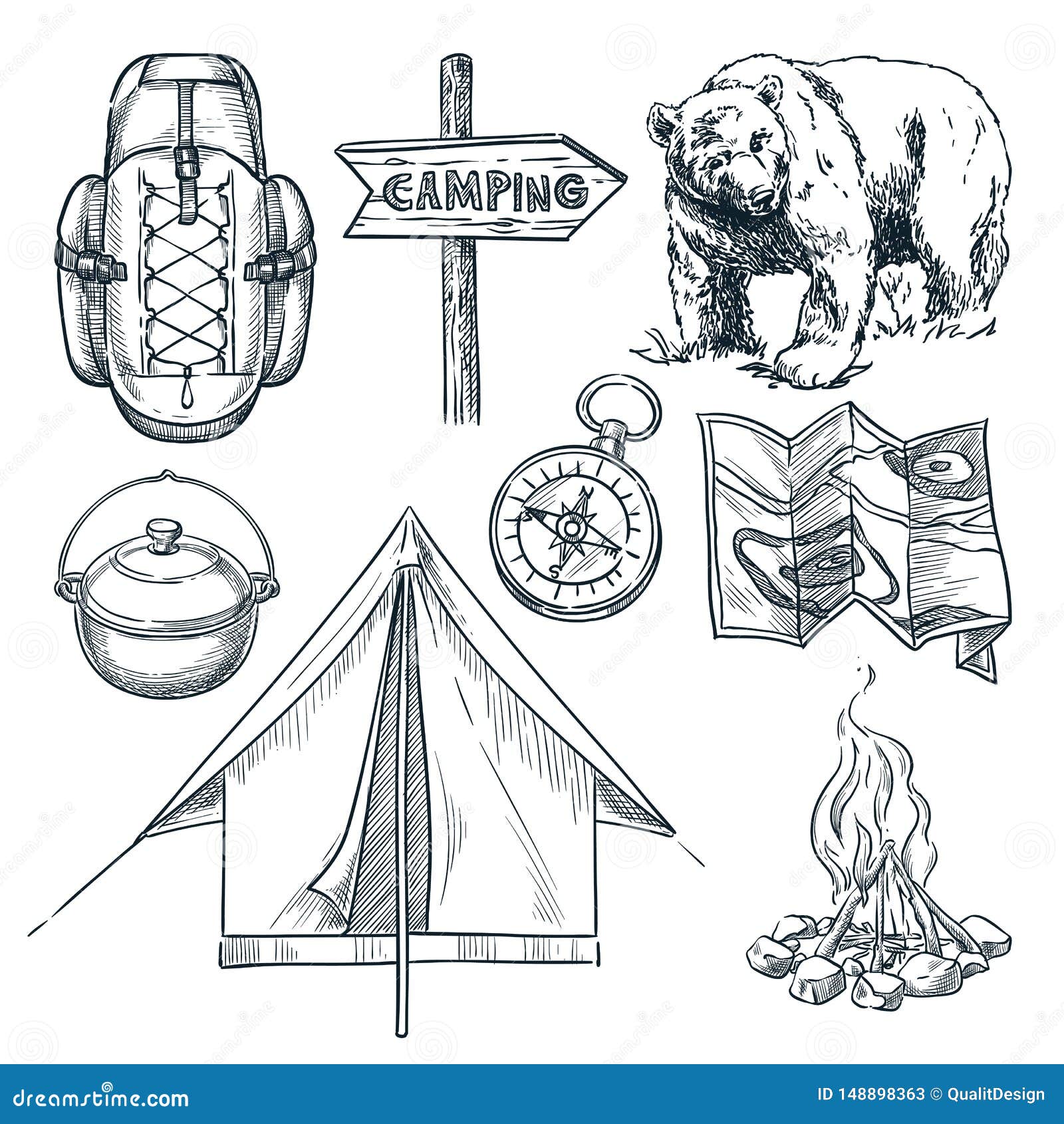 Camping Vector Sketch Illustration. Camp Stuff Design Elements Isolated