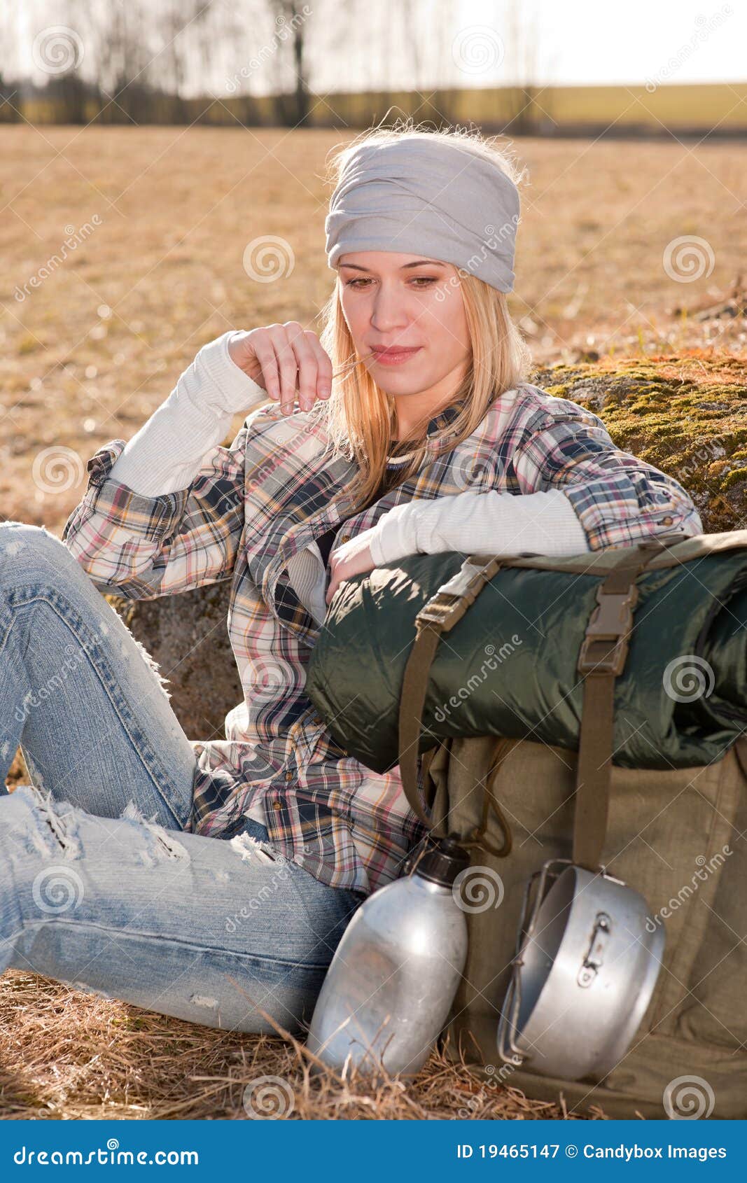 Camping Young Woman in Countryside Backpack Relax Stock Image Image