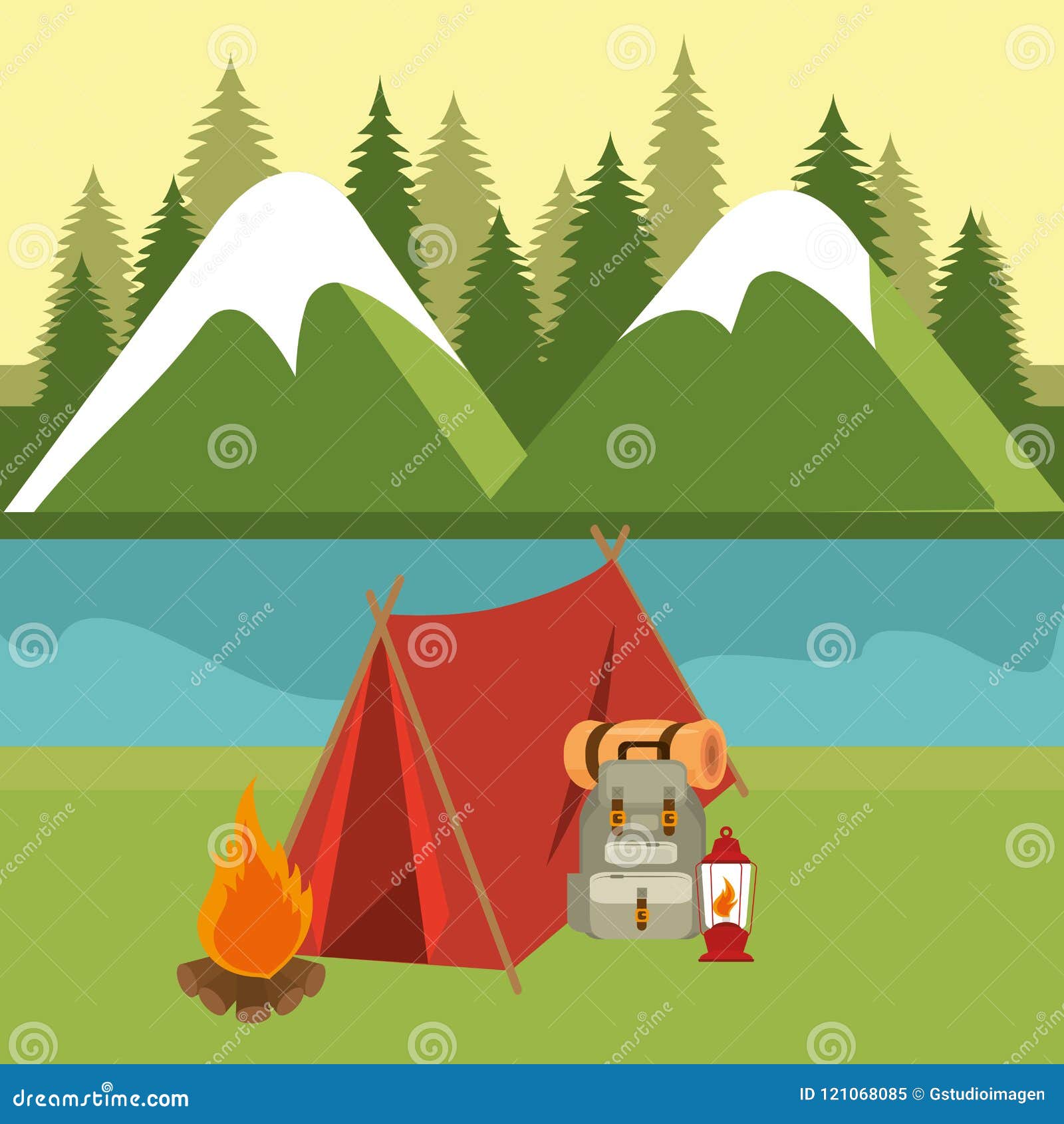 Camping Zone with Tent Scene Stock Vector - Illustration of flame ...