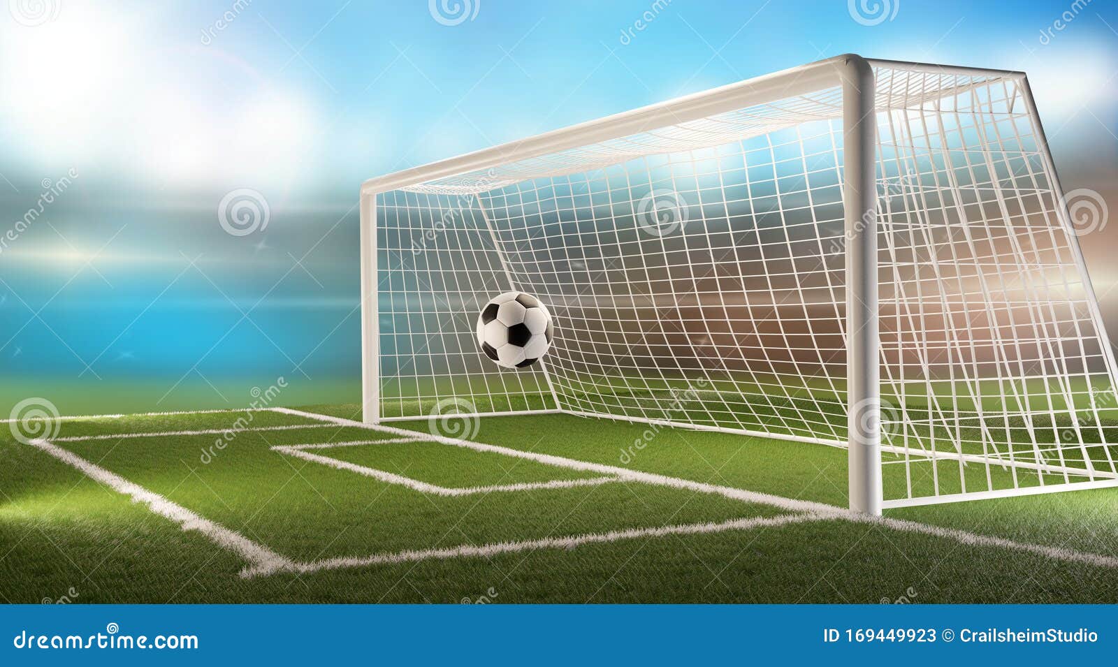 3D render ilustração futebol na vista de trás do gol no campo de futebol  7436634 Foto de stock no Vecteezy