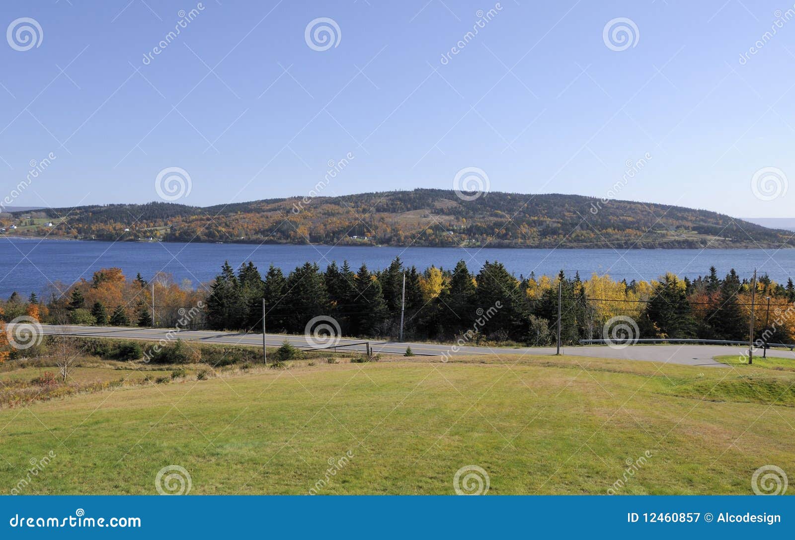 Campo y costa de Canadá. Campo con los árboles a lo largo de la costa de Canadá durante la estación de caída