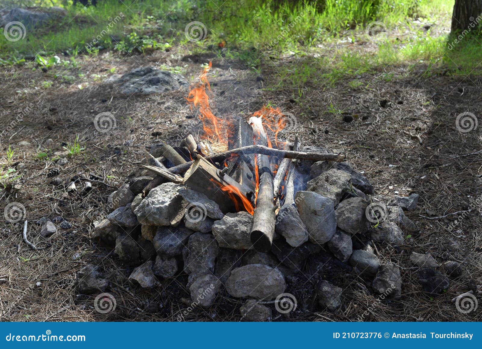Campsite with Campfire. Gray and Brown Big Stones and Wood for a ...