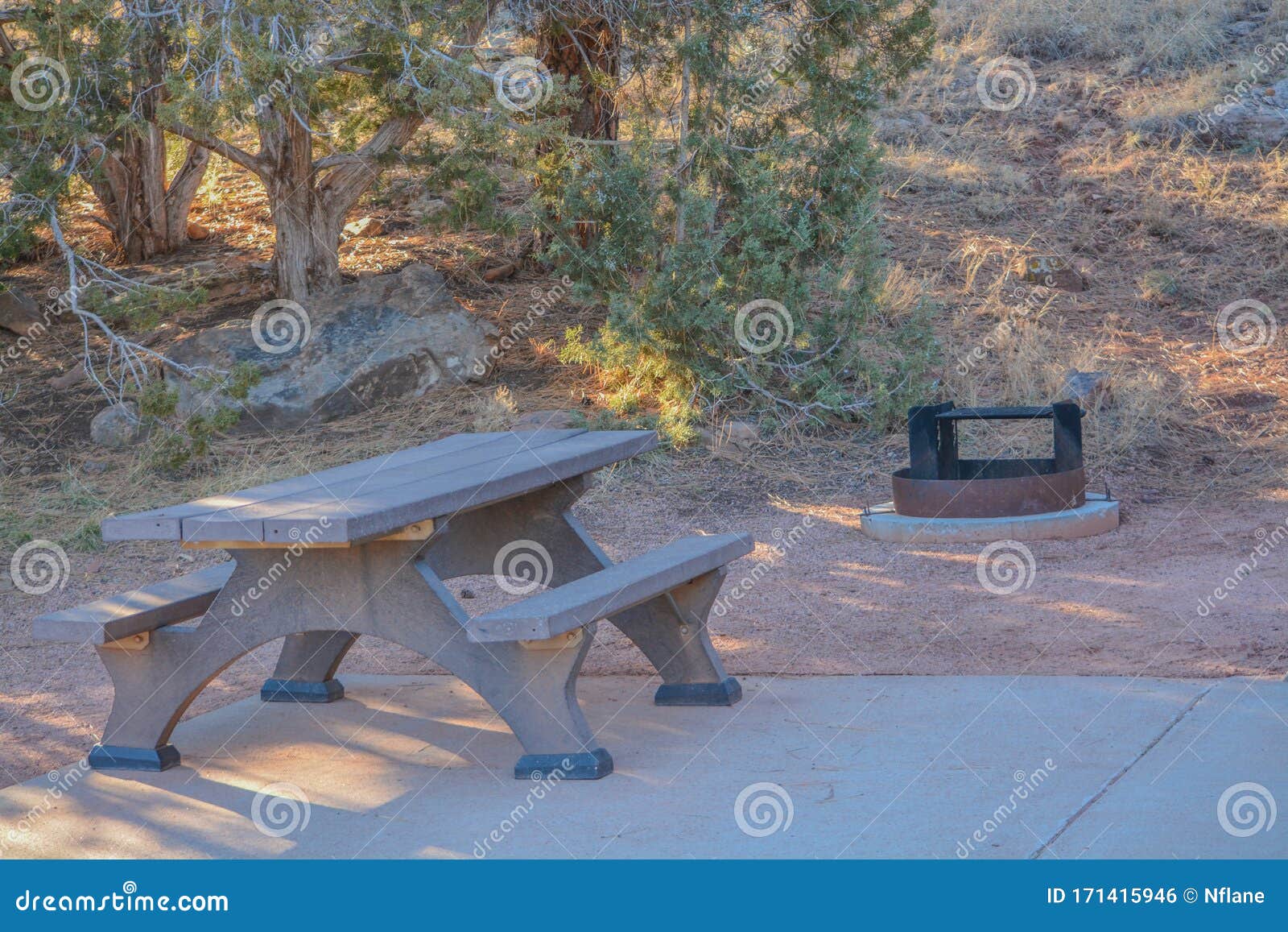 campsite with a fire pit and picnic table at fool hollow lake in show low, navajo county, apache sitgreaves national forest, arizo