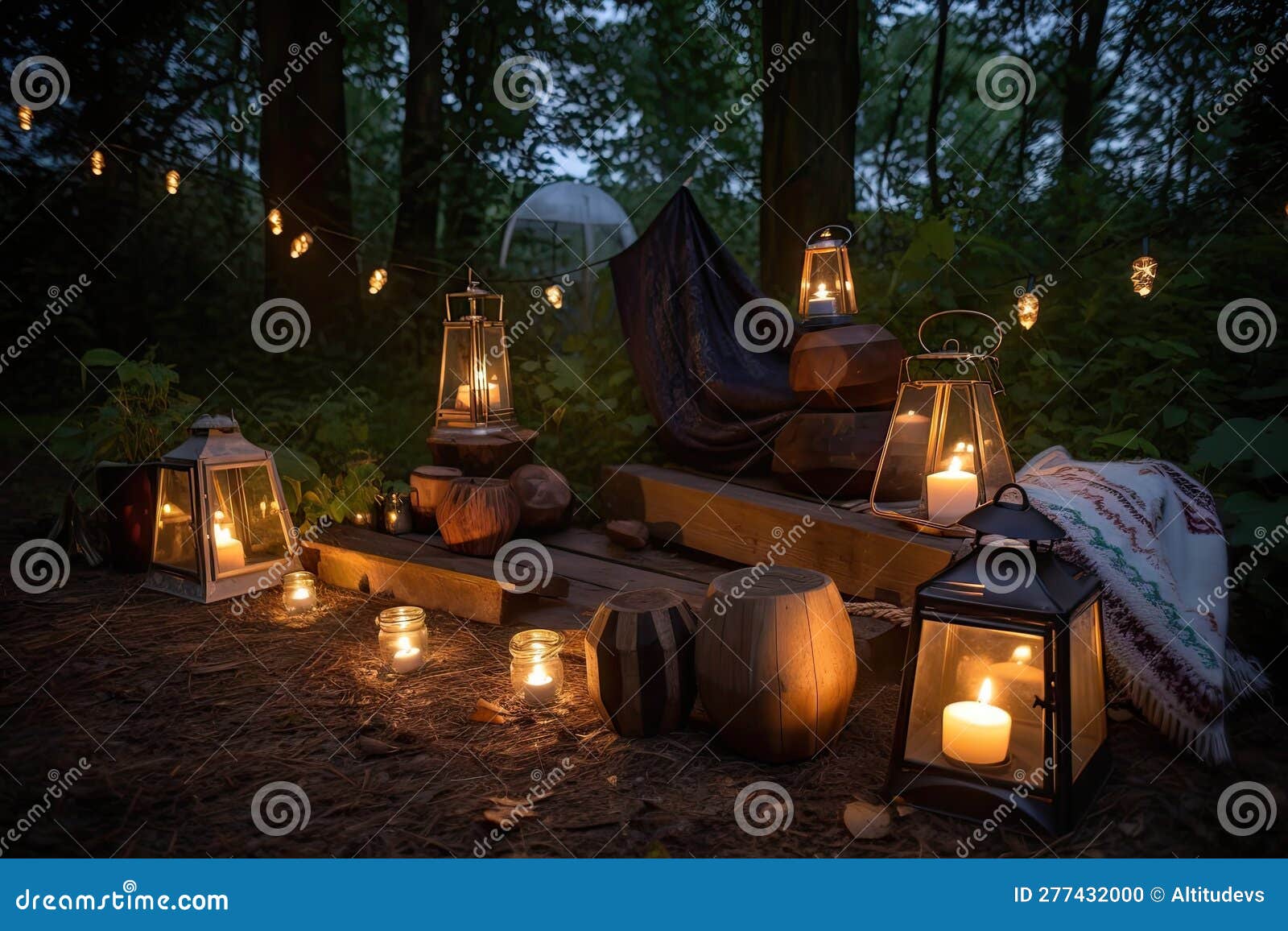Campsite Setup with Lanterns and Candles, for a Cozy Nighttime