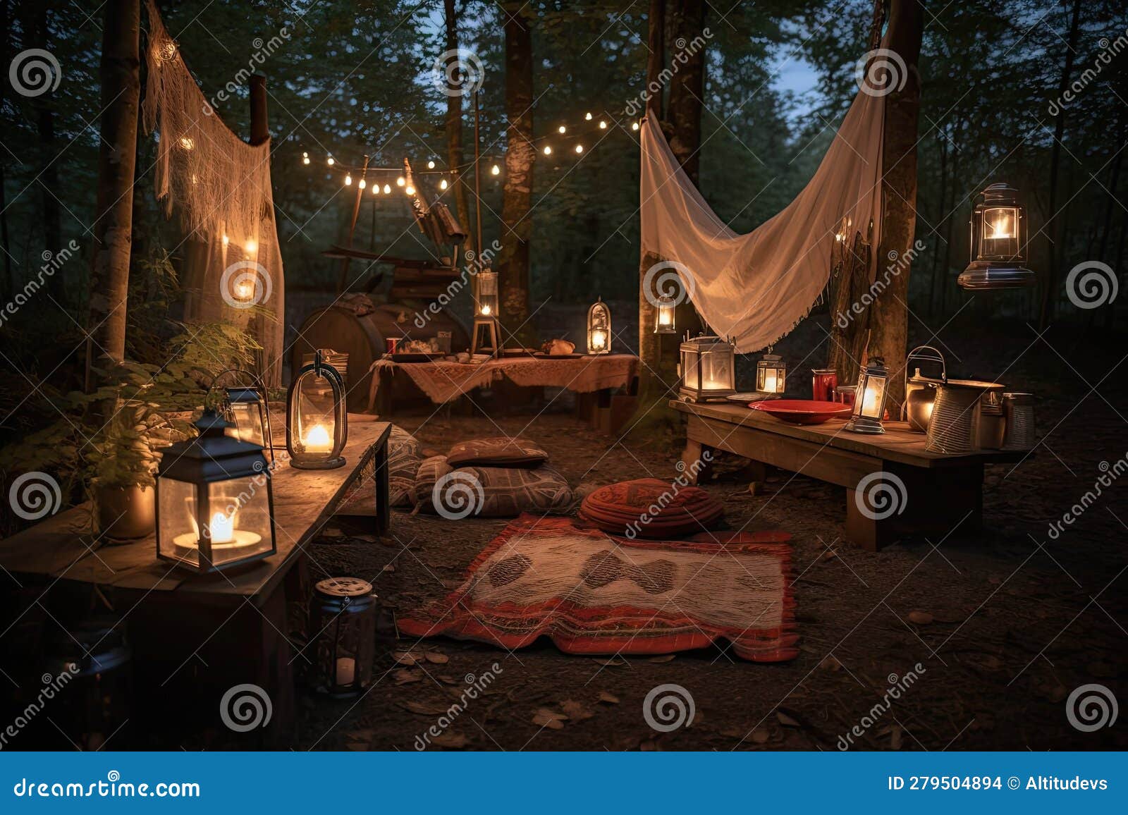 Campsite Setup with Lanterns and Candles, for a Cozy Nighttime