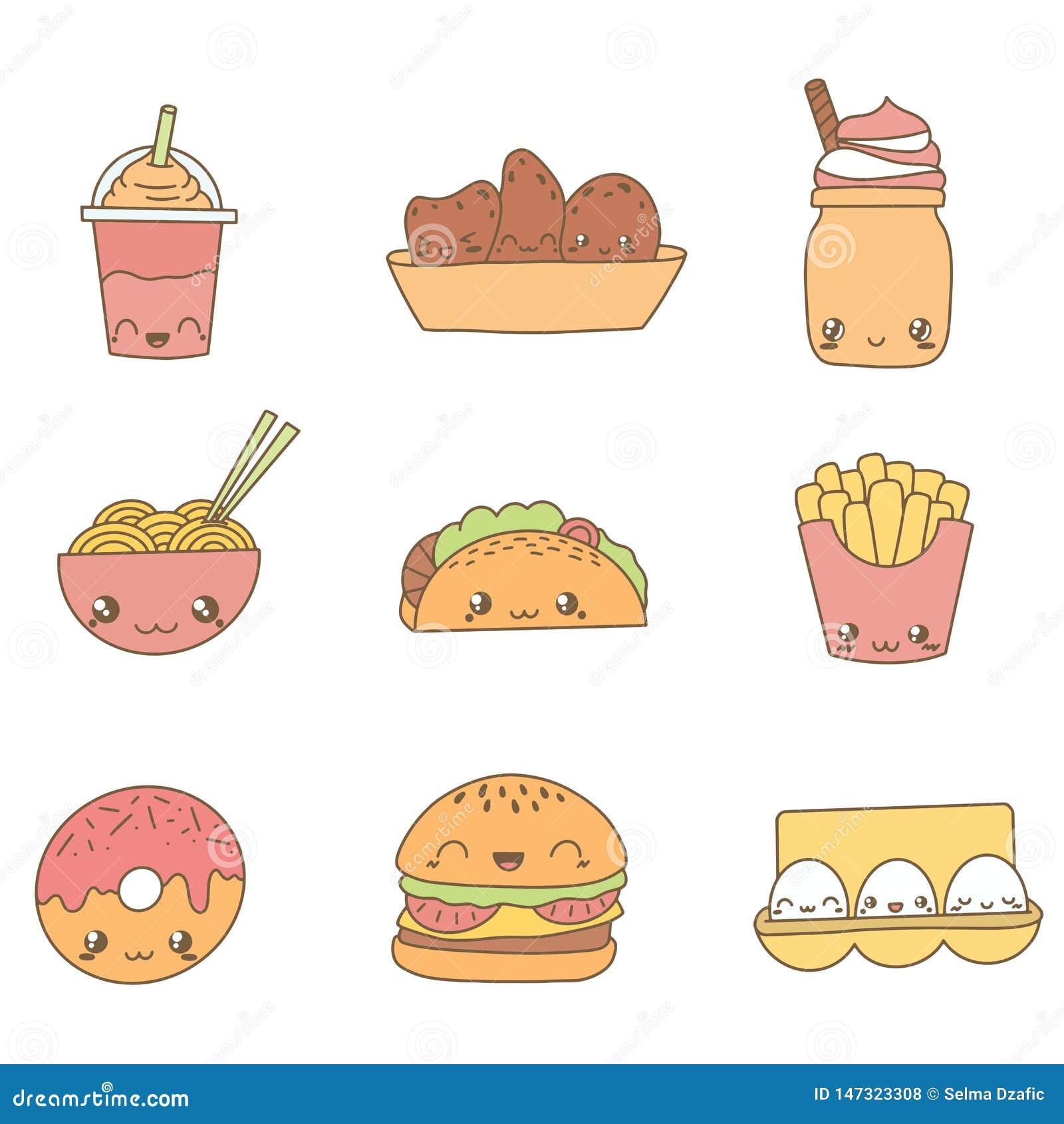 Set Of Cute Food Doodles Kawaii Food Icon Doodles Cute Muffin Hamburger French Fries Milkshake Eggs Noodles Stock Vector Illustration Of Isolated Icons