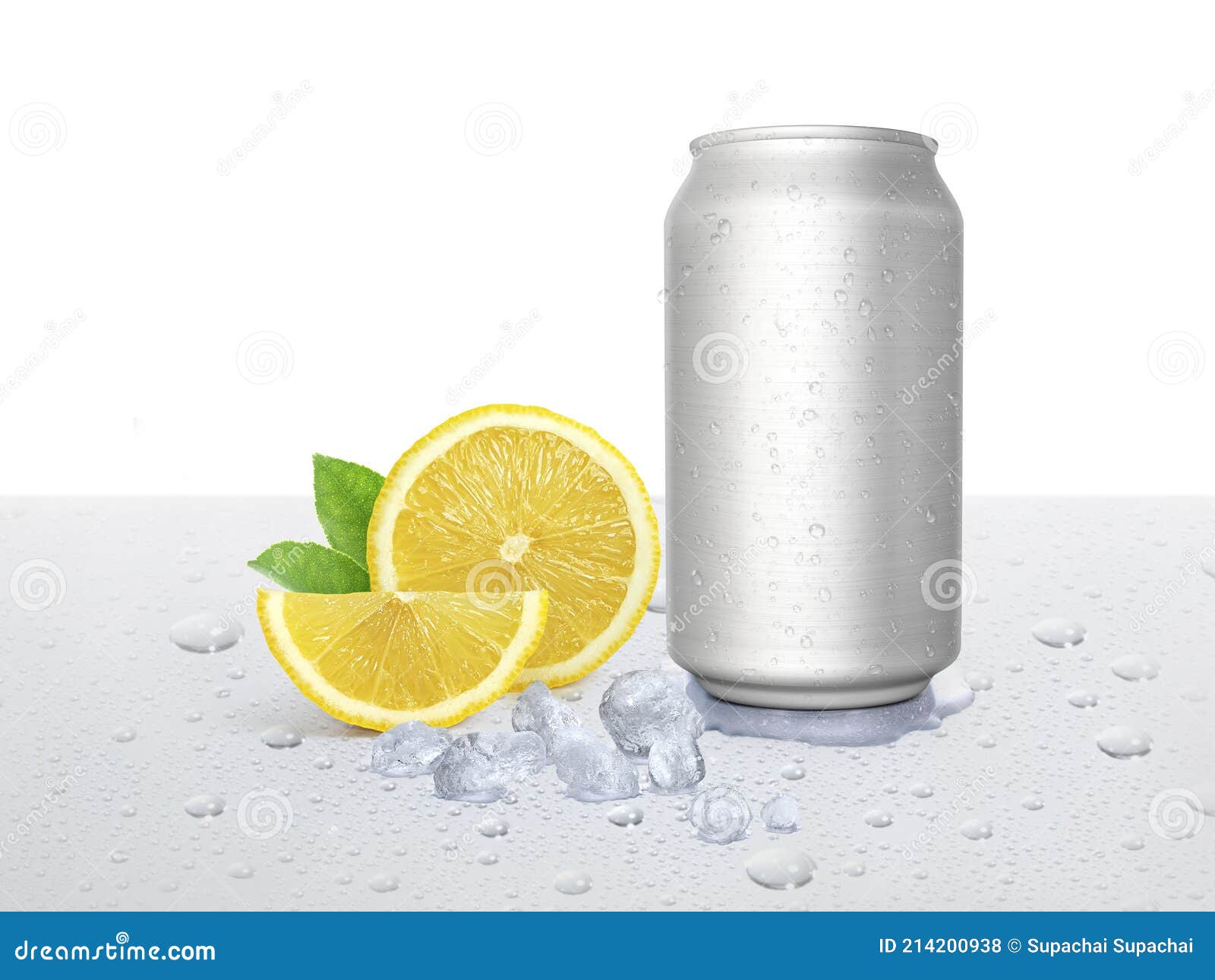 can of cold beverage, ice cubea and pieces of juicy lime.summer refreshing drink