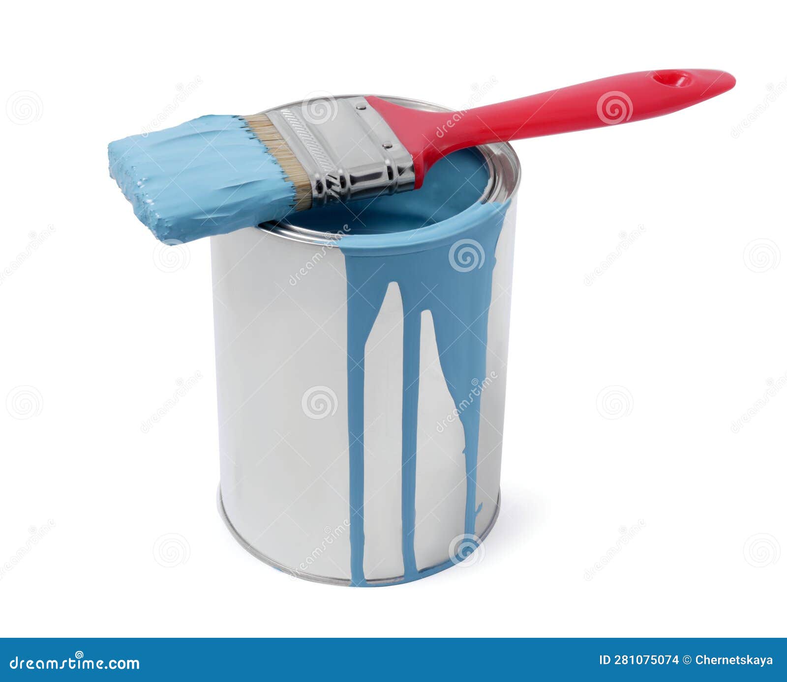 Can of Light Blue Paint and Brush Isolated on White Stock Photo Image