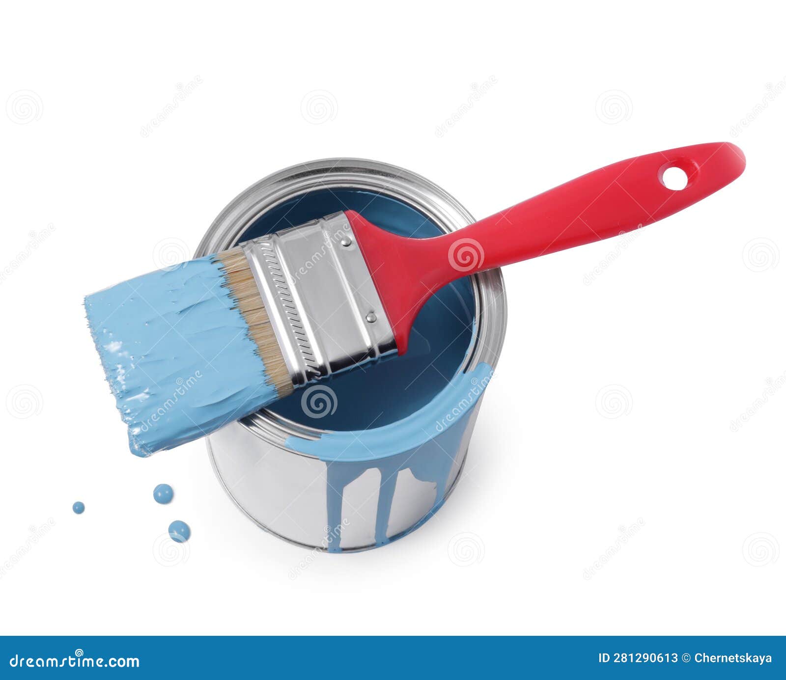 Can of Light Blue Paint and Brush Isolated on White, View from Above