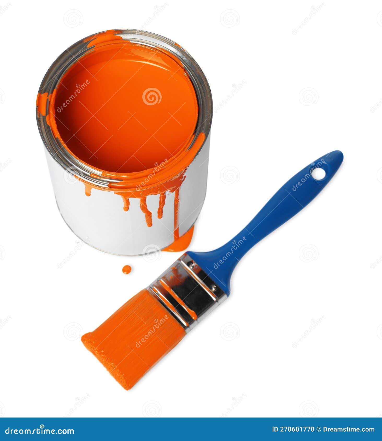 Can of Orange Paint and Brush on White Background, Above View Stock