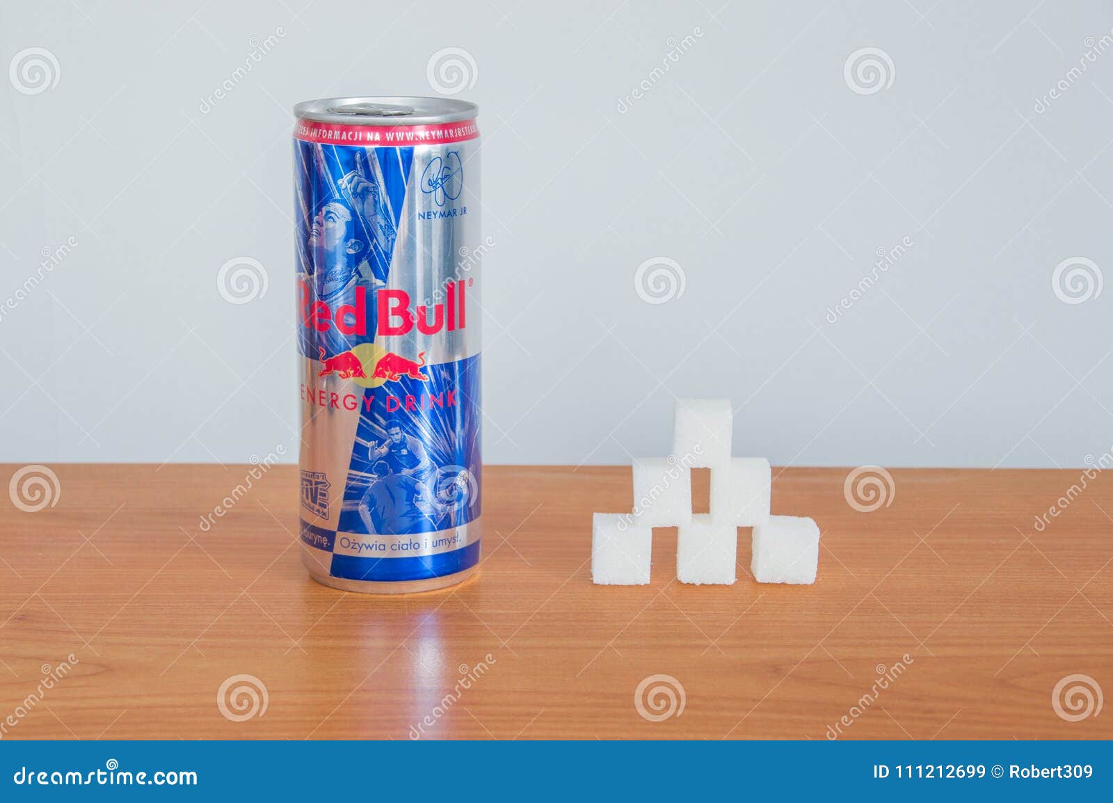 Can of Red Bull and Six Sugar Cubes. Stock Image - Image of taurine, brand: 111212699