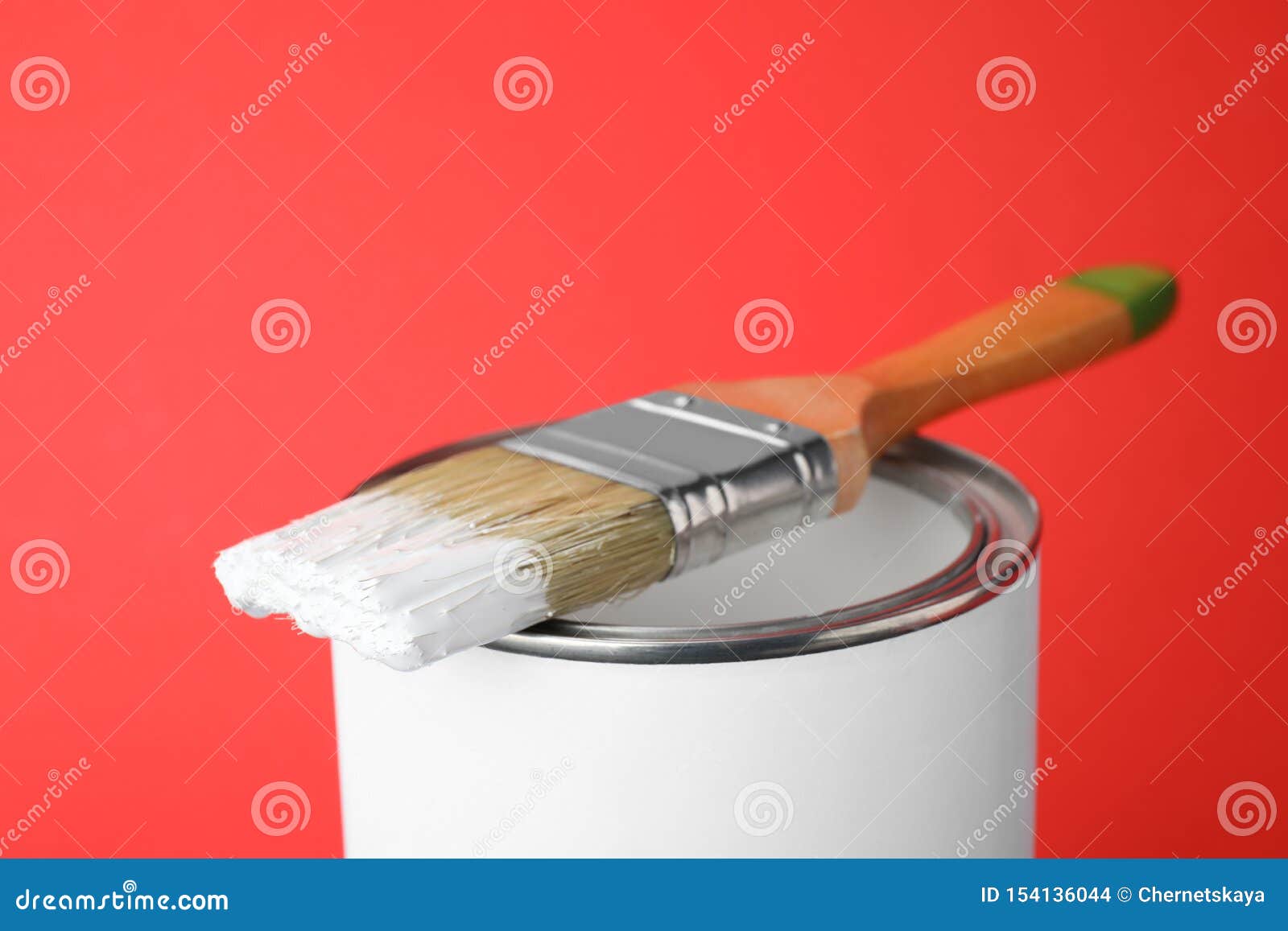 Can of White Paint with Brush on Red Stock Photo Image of painting, object 154136044