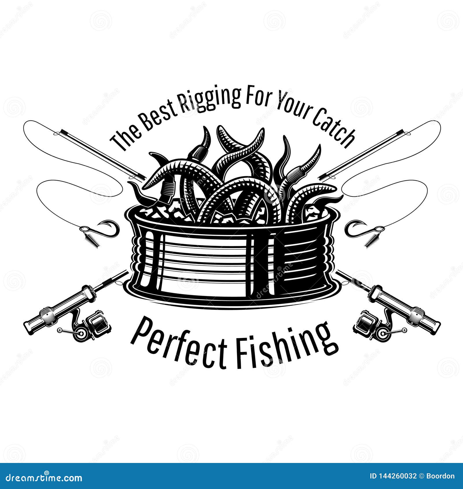 Download Can With Worms With Crossed Fishing Rods In Engraving Style. Logo For Fishing Or Fishing Shop On ...