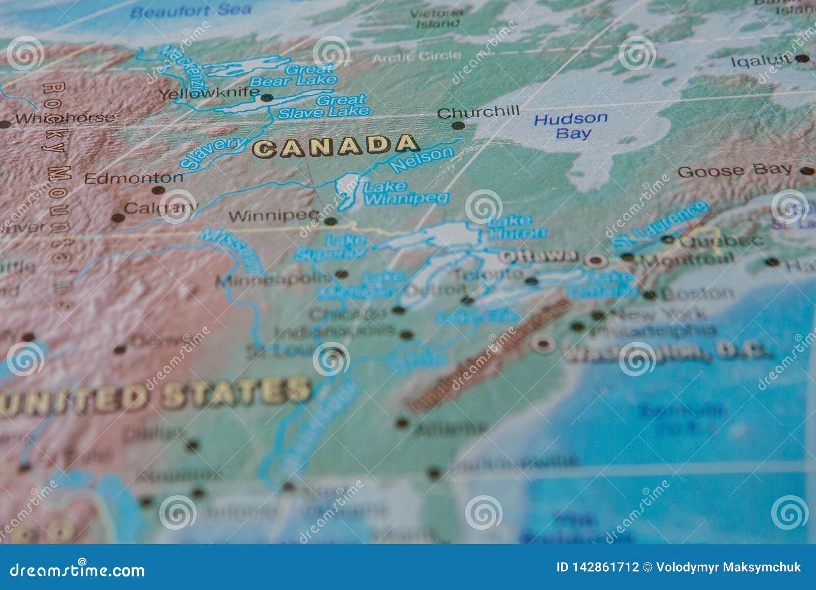 Canada in Close Up on the Map. Focus on the Name of Country Stock Photo