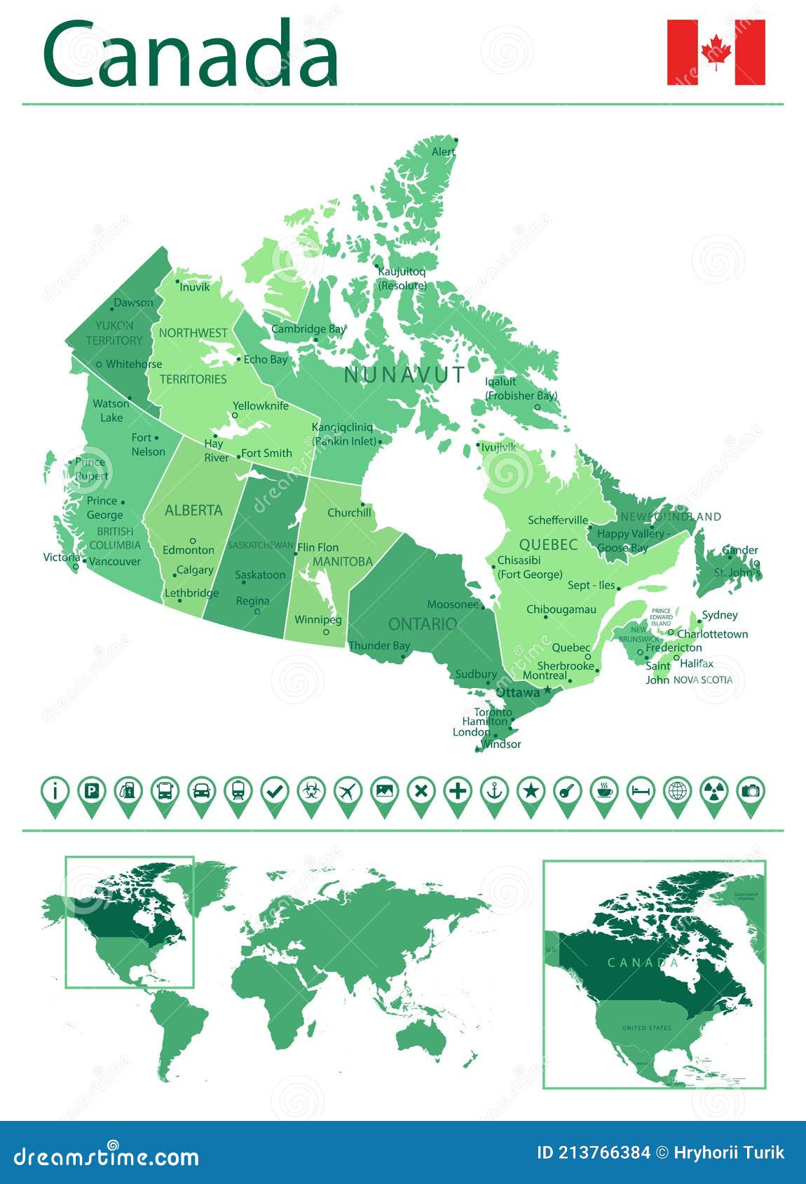 Canada Detailed Map And Flag Canada On World Map Stock Vector